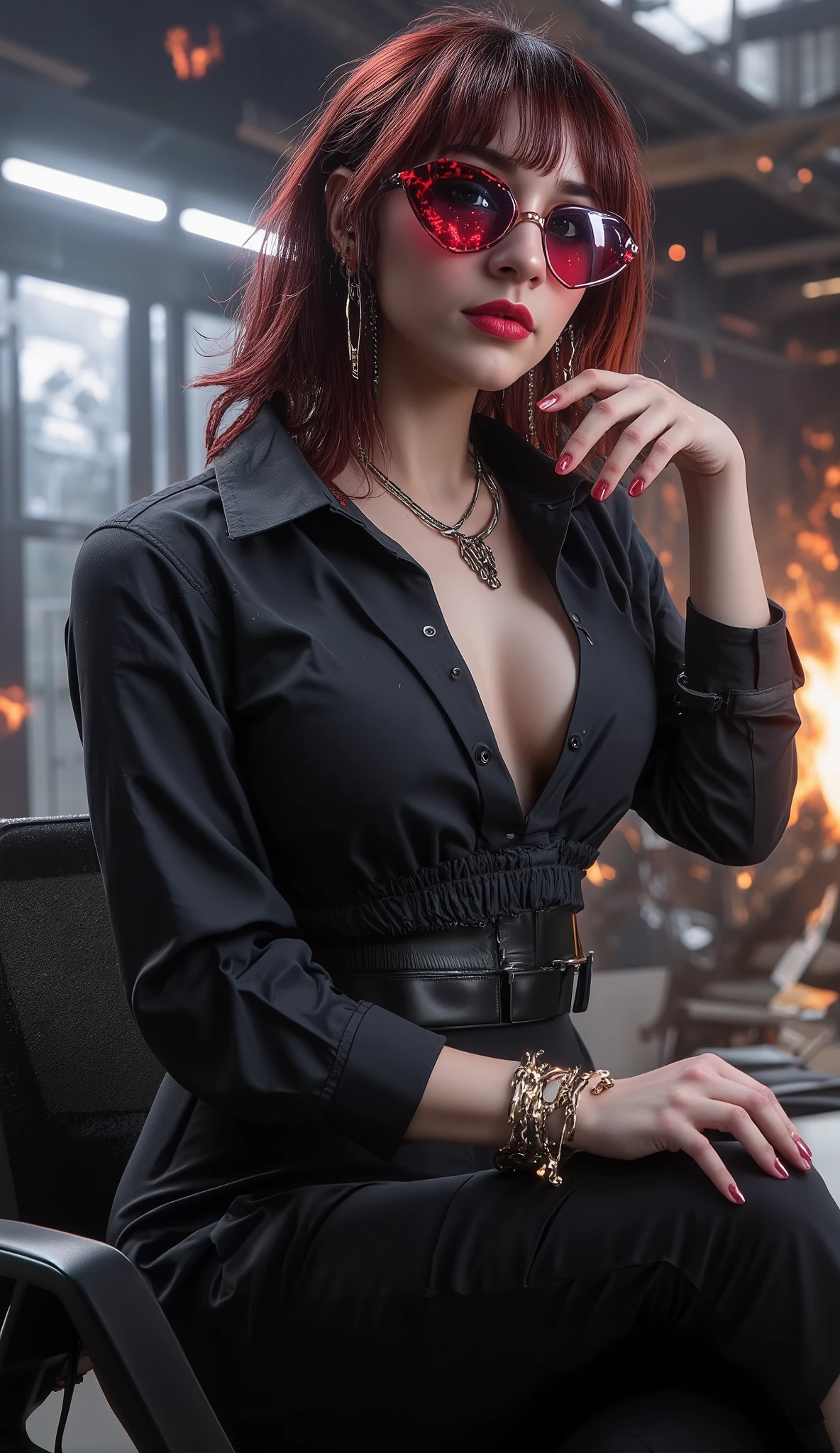 She's a sexy secretary, add a deep v neckline, the scenario is set in a office located in hell, with flames, destruction and a messy desk, dynamic model pose, kept his normal height, big breasts, hourglass figure and add some red frame diamond heart glasses