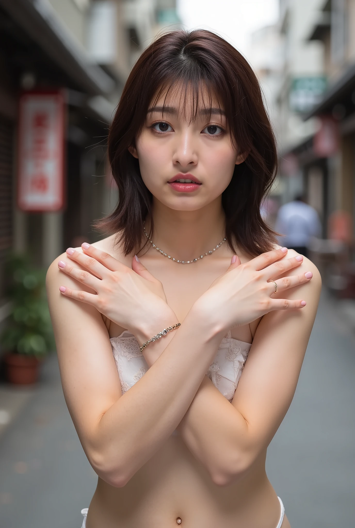 A high resolution photograph of a young Japanese woman, naked, covering own nipples with both hands, folding arms, crossed arms, extremely detailed, arm bracelet, intricate details, outdoors, downtown, alley,,