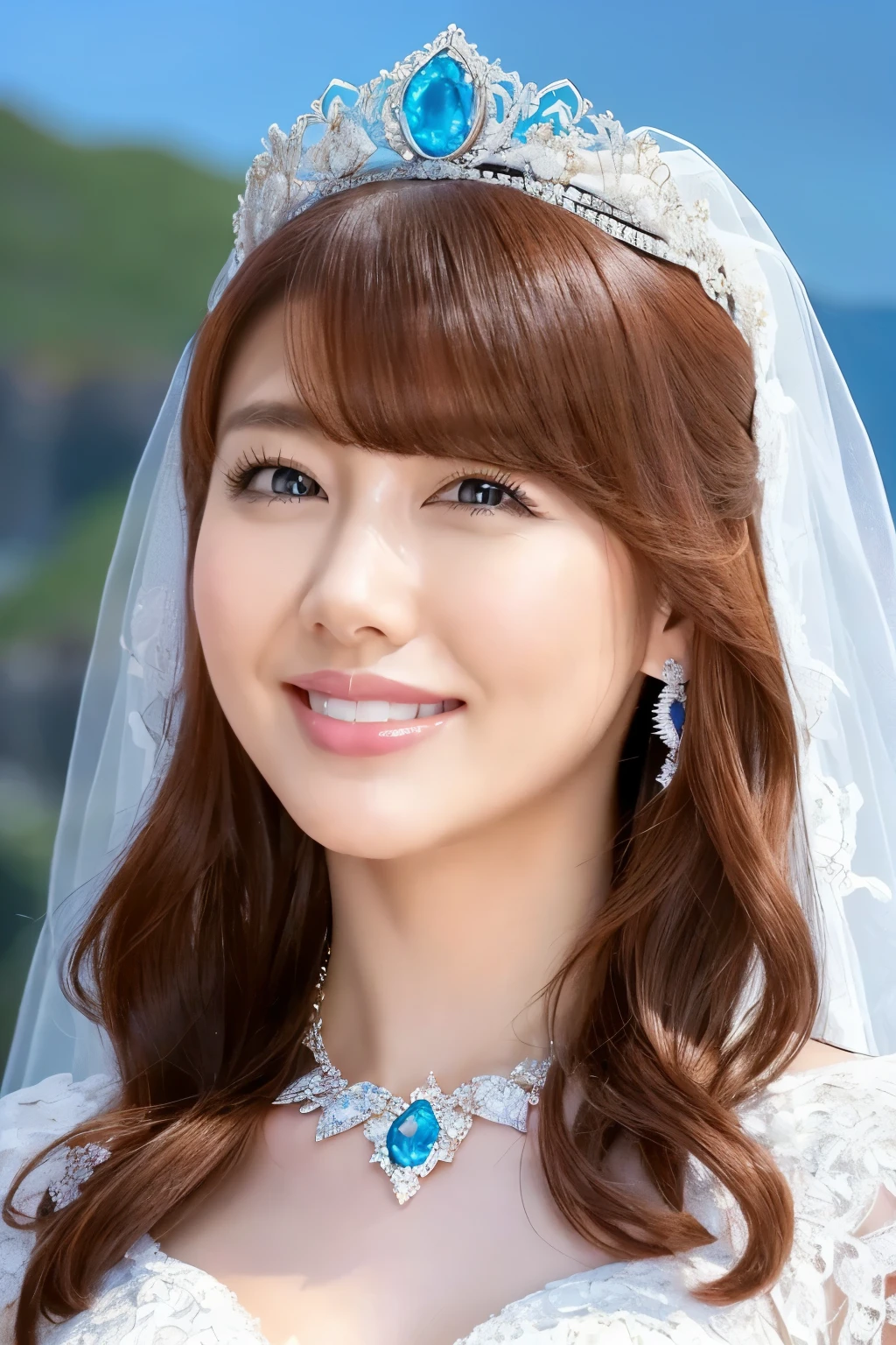 (  The Greatest Masterpiece 、  best image quality 、8k、  best quality  、Award-winning works)、Beautiful Bride、(50 years old:1.1)、  Mature Woman  、(Alone:1.1)、(  the most extravagant and flashy giant wedding dress :1.1)、(perfect wedding lace:1.2)、( The most gorgeous and luxurious giant tiara :1.1)、( The most extravagant and flashy giant necklace  :1.1)、  Most Beautiful Smile Staring At Me  、  Wide Selection of the Best Gemstones 、 Fully effective  、  long lashes 、Ultra HD Shining Eyes、  ultra HD hair、  ultra-high resolution glossy lips  、Ultra High Resolution Perfect Teeth、  super high resolution beautiful faces  、(  Exact Anatomy:1.1)、(  Very Bright Beautiful Skin  :1.2)、(  very bright and vivid  :1.2)、( gorgeous high-end wedding venue backdrop :1.3)、  small breasts