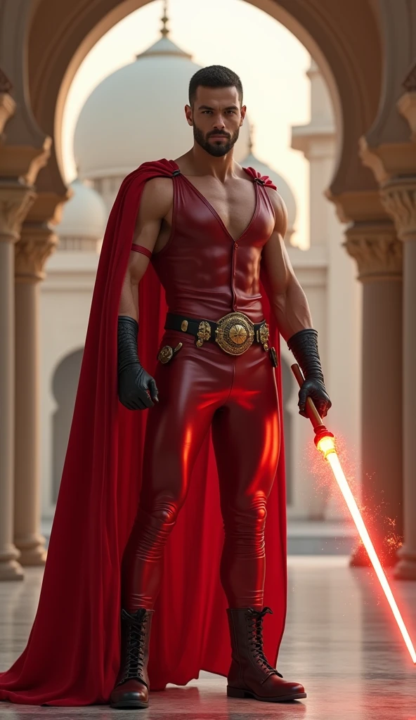 Create the image of an humanoid dolphin wearing a red cape with logo DM in his chest, he must also have a sword tucked to his side