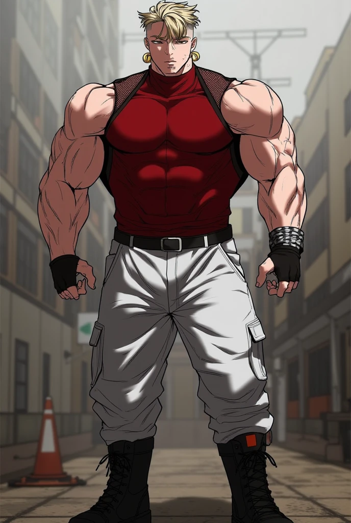 A dynamic illustration of Munashi Kurotani, a young but physically imposing 15-year-old character who stands 203 cm tall and has a muscular build. He has pure white hair and eyes. Munashi is dressed in a tight-fitting dark red shirt made of special mesh fabric with a high collar and no sleeves, paired with slightly loose red combat pants. He wears dark-colored ninja sandals. Over the shirt, he wears a sturdy, zipped combat jacket. His right arm features bandaged hands, while both legs have hip pouches with additional bandages wrapped around them. Capture him in a reflective or intense training pose, emphasizing his immense physical strength. The overall mood should convey his formidable presence, anime ART, webtoon ART, manga art