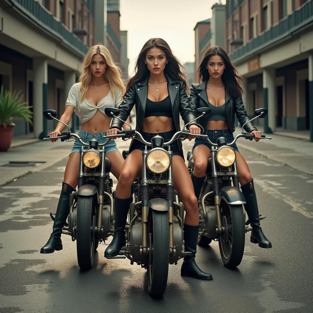 1girl in, 30 years old, Square face, Long hair, Looking at the viewer, jewelry, Realistic, Sexy, police outfit, standing next to a motorbike - holding a gun - sitting on a motorbike, free pose