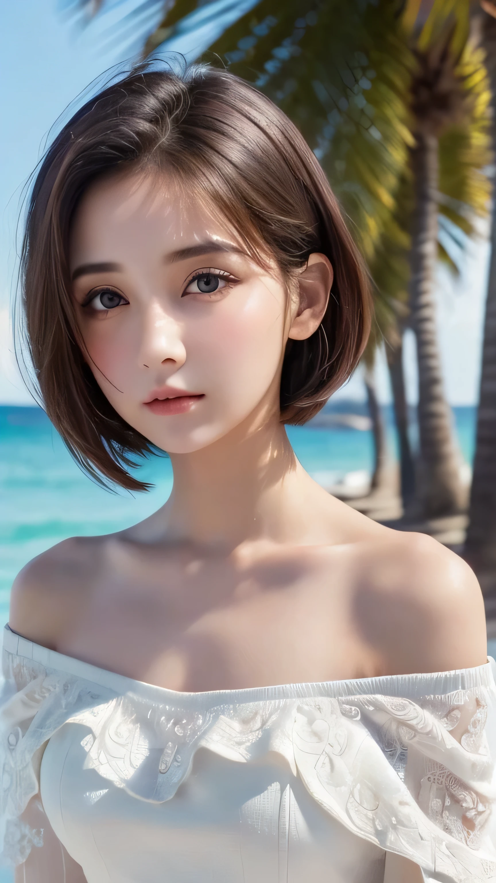 top-quality、tmasterpiece、超高分辨率、(Endless realism:1.4)、(authentic skin texture:1.3)、(Film Particle:1.3)、Panorama close-up、Tyndall effect、perfect beautiful adult woman、Beautiful details of the eyes and skin、ssmile、Berry Short Hair、small necklace、White color blouse、Sunlight strong、summer sea and sky、cake in hand,