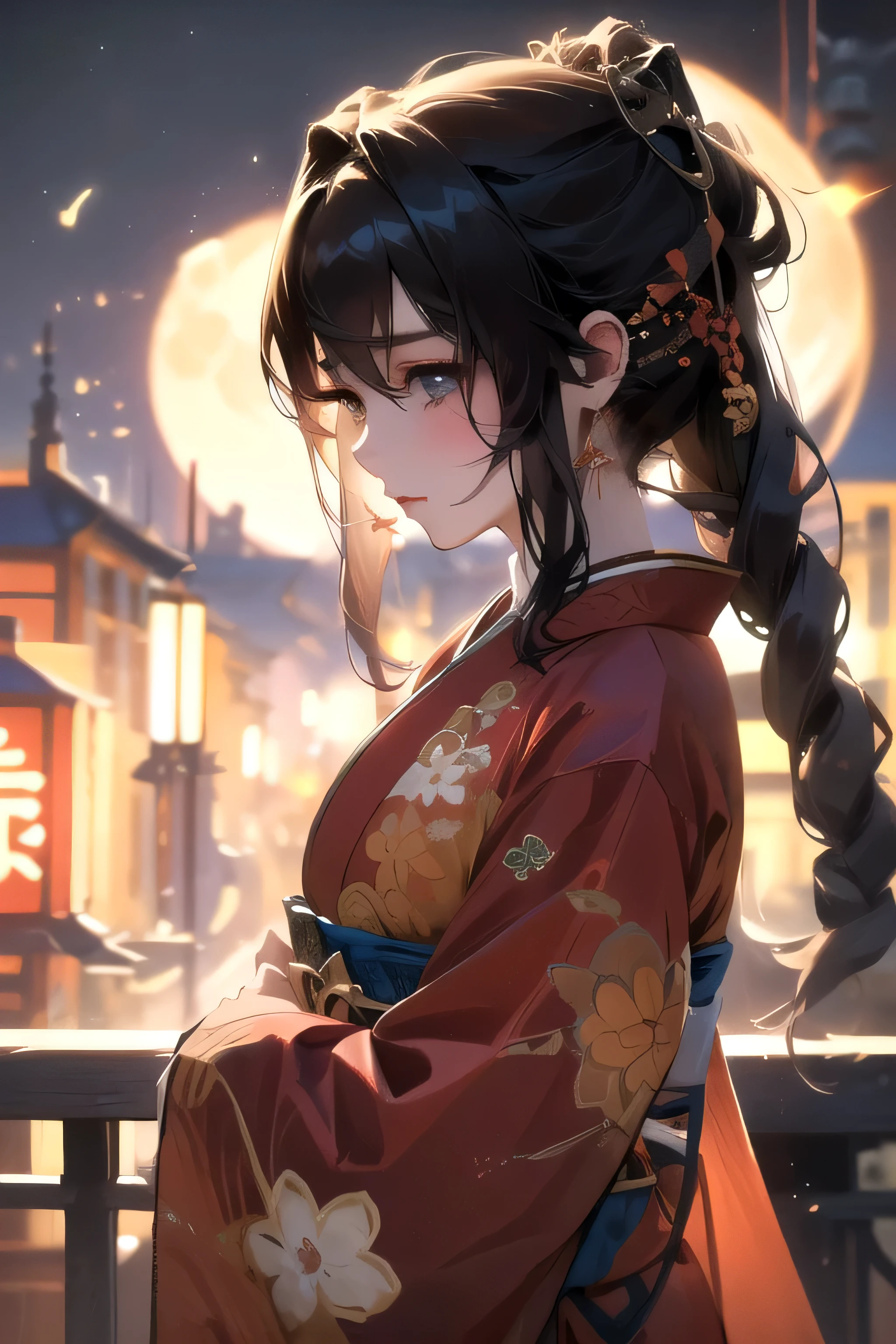 ((最 High Quality )), ((Masterpiece)), ( Details), from the side 1 Girl , 8k resolution, very detailed, High Quality , 1 Girl, beautiful Japanese woman ,18 years old, , Detailed face, one woman, terrace, Moon, beautiful