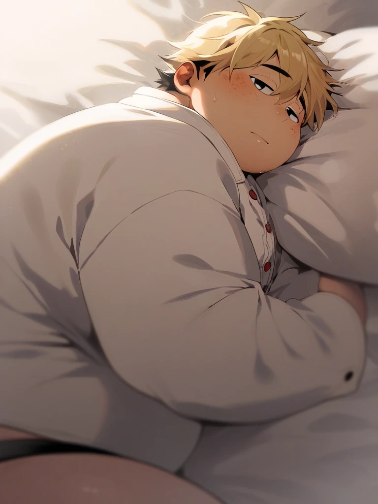 Anime boy Bakugo very very wet sweatest white socks laying down on his stomach on the bed showing his feet soles close to the camera