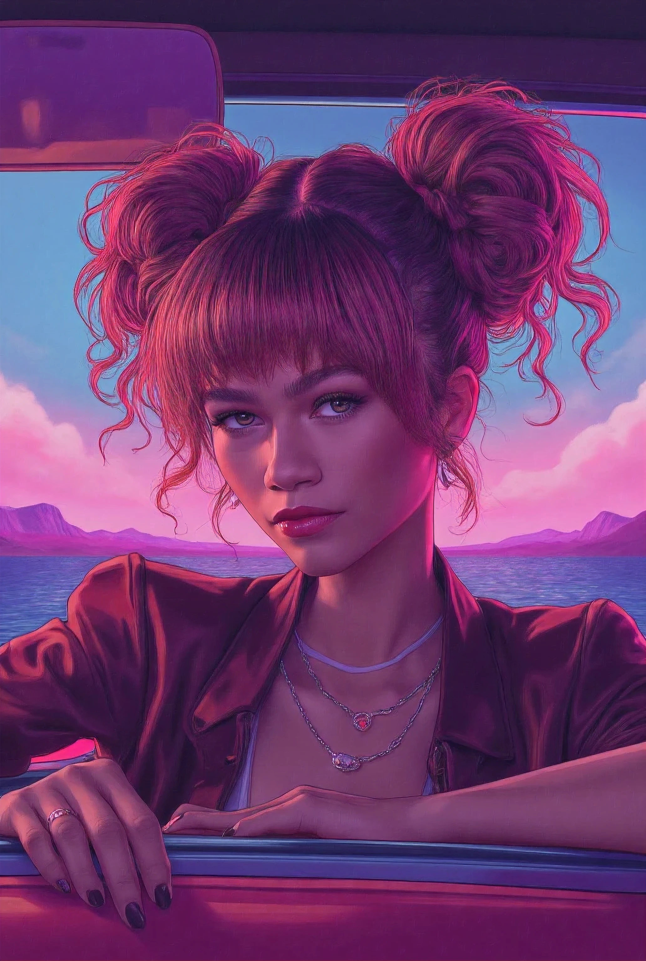 Vaporwave style. Art by Lois Van Baarle. Waist-up 25-year-old girl with and space buns. Retro aesthetic, ((sitting in a retro car:1.4), cyberpunk, vibrant, neon colors, vintage 80s and 90s style, highly detailed, graphic illustration, graphic novel art, vibrant, cover art, dreamy, vector illustration, 2d flat, centered, by Tim Burton, professional, sleek, perfect composition, beautiful detailed intricate insanely detailed octane render trending on artstation, 8k