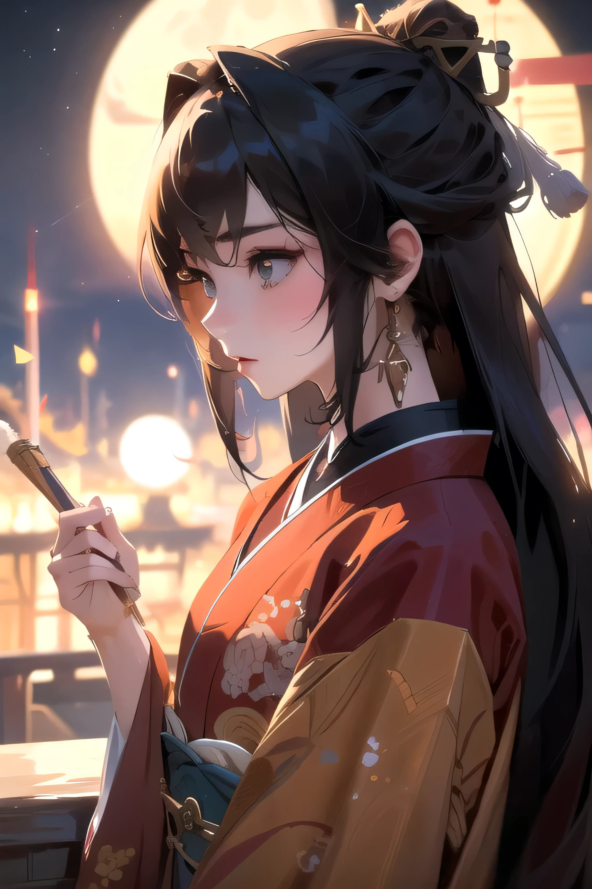 ((最 High Quality )), ((Masterpiece)), (  Details),  from the side 1 Girl ,  8k resolution,  very detailed,  High Quality ,  1 Girl,   beautiful Japanese woman ,18 years old, ,  Detailed face,   one woman, terrace, Moon,  beautiful