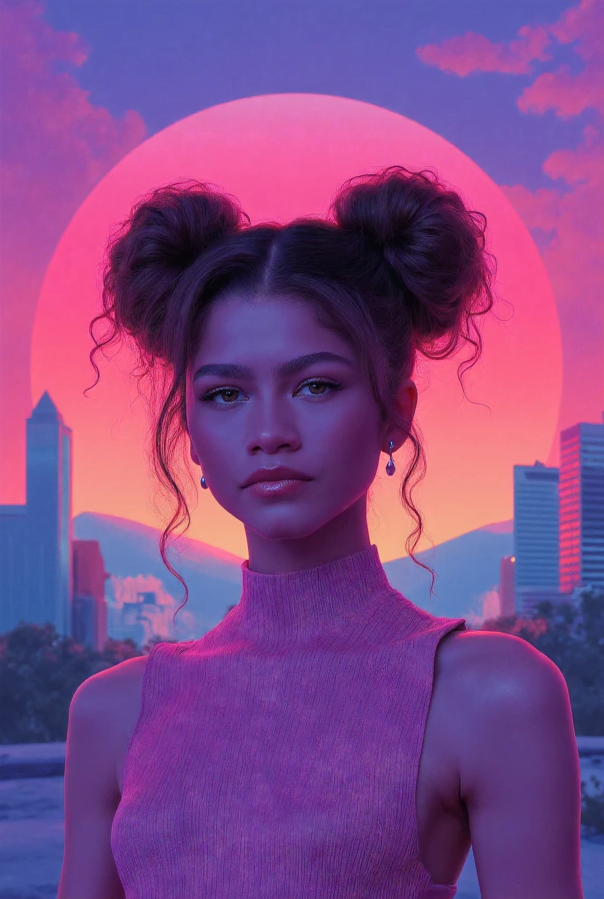 Vaporwave style. Art by Lois Van Baarle. Waist-up 25-year-old girl with and space buns. Retro aesthetic, cyberpunk, vibrant, neon colors, vintage 80s and 90s style, highly detailed, graphic illustration, graphic novel art, vibrant, cover art, dreamy, vector illustration, 2d flat, centered, by Tim Burton, professional, sleek, perfect composition, beautiful detailed intricate insanely detailed octane render trending on artstation, 8k
