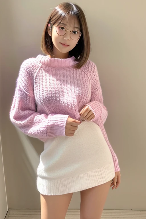 1girl, Red Lips, Pink sweater, Bottomless ?????, standing in floor glasses, white background,