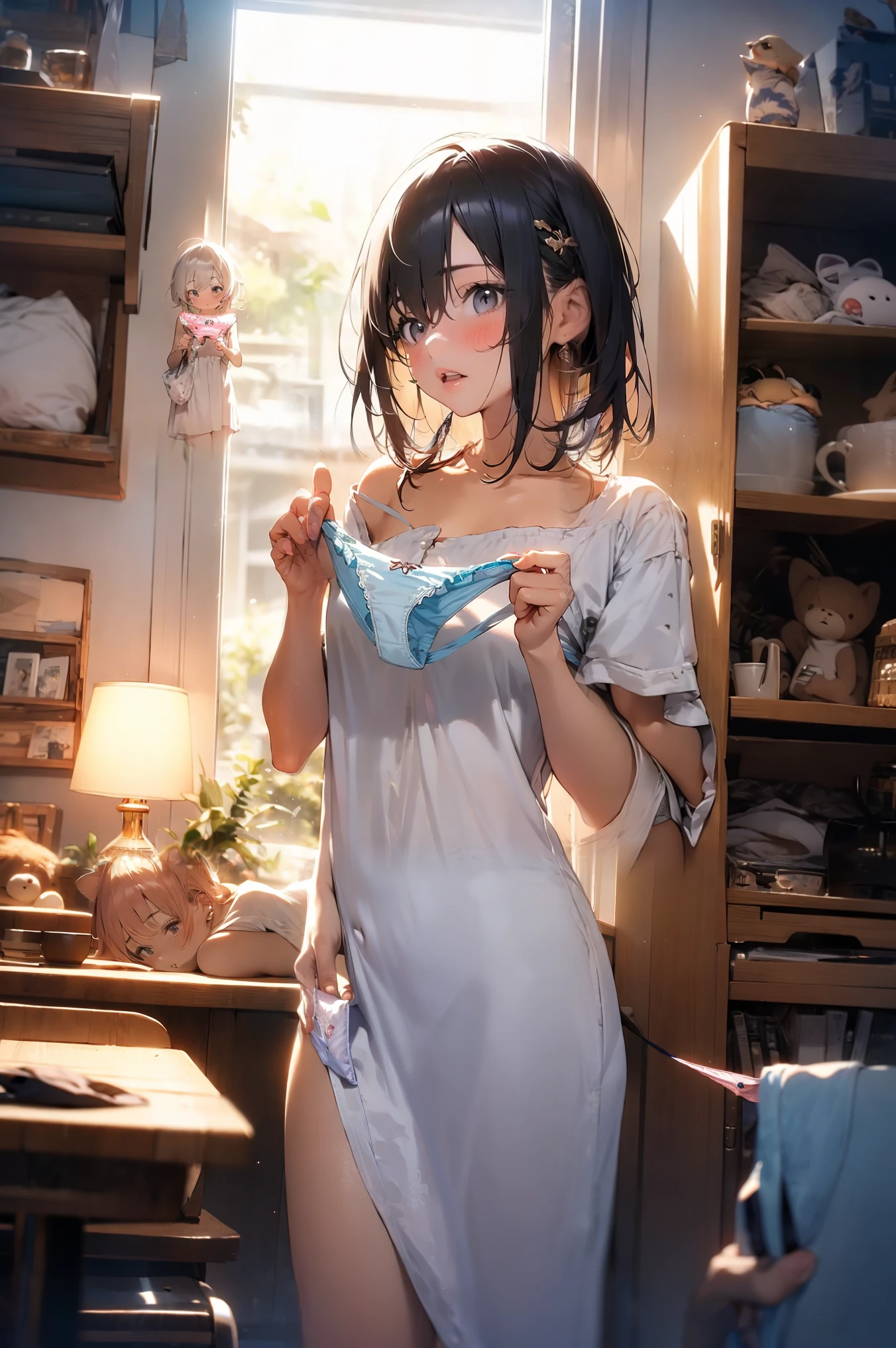 Girl just woke up, He's only wearing a shirt, with a well-defined bust, medium breasts, He's only wearing one pair of underwear, wide hips short hair, sexy, highest quality image, big thick thighs