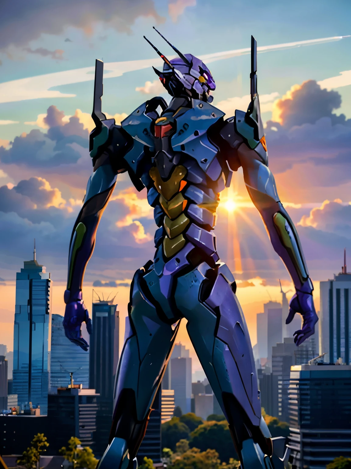 Eva01), (Eva初号機), realistic, Eva, evangelion mecha realistic, SF, Staring at the Audience , ( Official Art, Mejor calidad , Masterpiece: 1.2), High Definition , background, 8K HDR,(Extremely biological ),( has a pro knife ),( see a beautiful abstract background {x} smooth body surface like a living thing ),( A futuristic city with few bullets and beautiful organic stuff ),( head is the first unit ),( Organic giant ), Full Body Portrait,(Broad shoulders),( musculoskeletal 々),( back arched),( Saturn Stance ),( can see internal teeth when opening the mouth ),( Beautiful Sunset ),( Extremely Wide Shouldered ),(The 200-meter-tall giant ), Unicorn、( body like a bodybuilder )