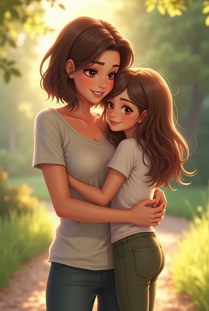 (Masterpiece, Best Quality, photograph-realistic), (Nature Scene, 8K Wallpaper, High resolution), Perfect Anatomy, Cinematic lighting, Physically-based rendering, Award-winning, highly-detailed skin, extra detailed face, Eyes with beautiful details, Carl Zeiss 24-70mm f/2.8, (2 adults, a couple:1.5), Happily married couple, both in their 30s, (Hair: Brown, Curly, Long for her, Short for him), (Outfit: Casual yet stylish, matching earthy tones), (He's wearing pants, She's wearing a max