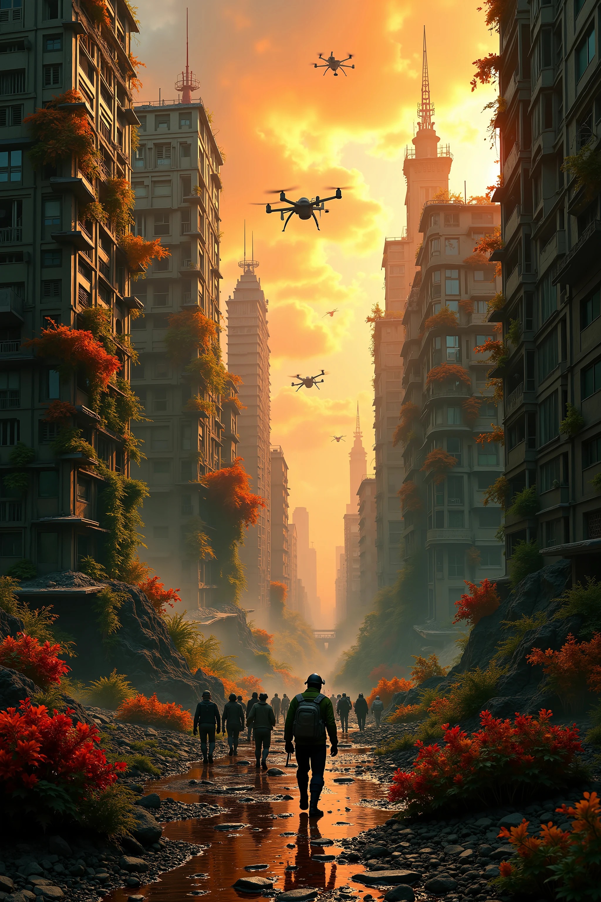 A post-apocalyptic cityscape, skyscrapers crumbled and overgrown with vines, the remnants of advanced technology scattered among the ruins. The sky glows an eerie orange from toxic dust clouds, and strange, mutated plants sprout from cracks in the pavement. Small groups of survivors scavenge for resources, wearing makeshift armor and wielding salvaged tools, while drones leftover from wartime hover aimlessly above, their lights flickering like lost fireflies