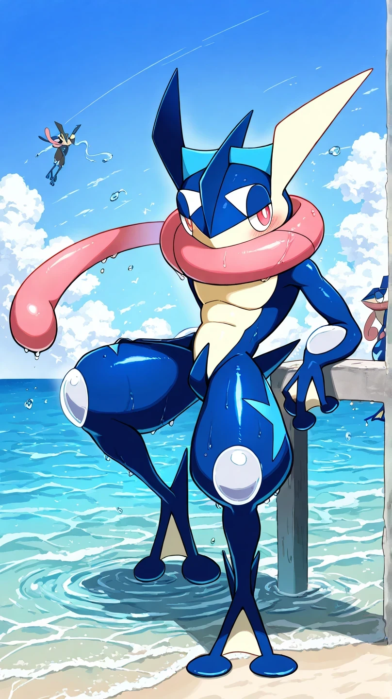 (masterpiece, best quality:1.2),solo,greninja \(pokemon\),pokemon \(creature\),full body,no humans,outstretched arms, long tongue, blue skin,looking at viewer,blue sky