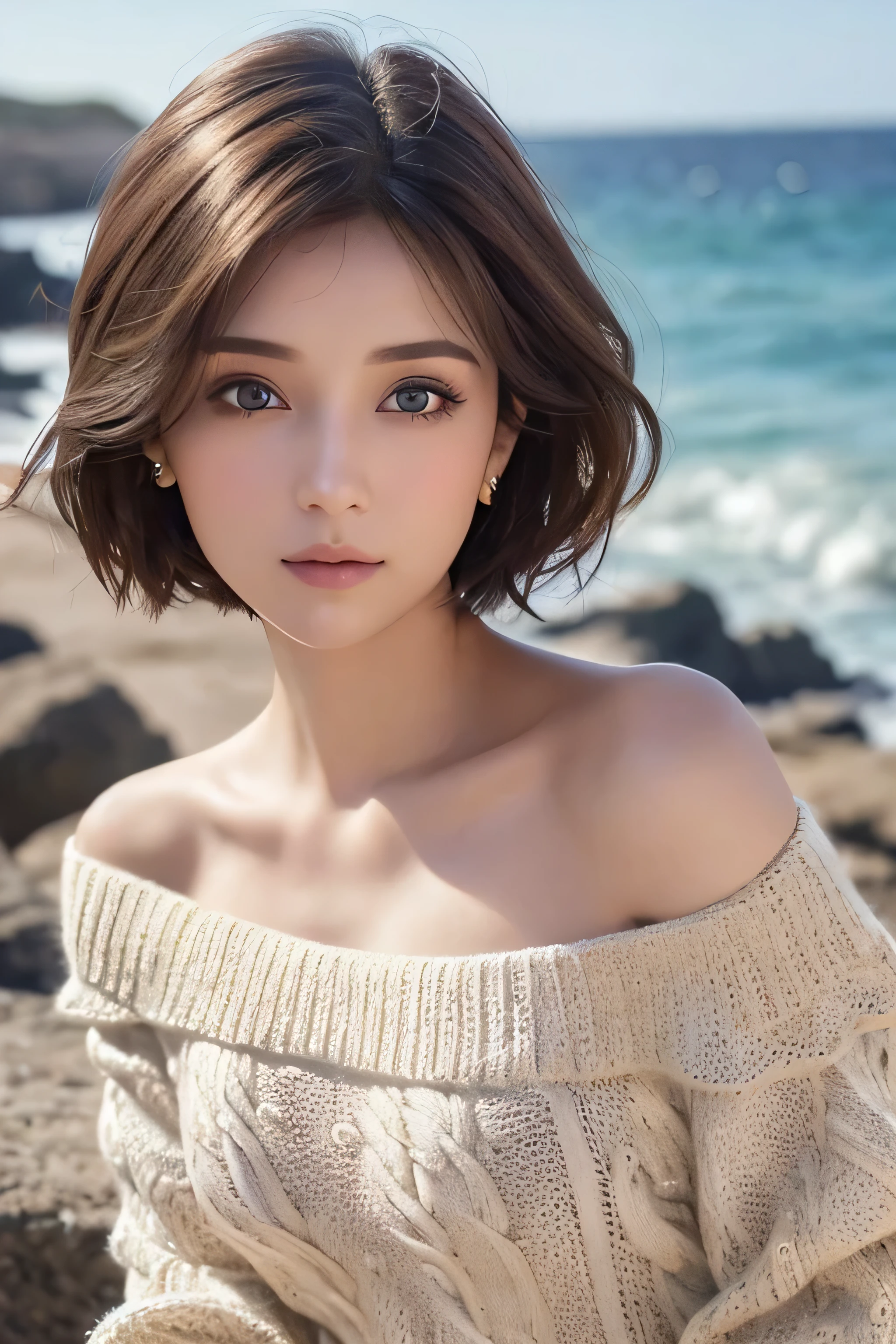 One Girl, Highest quality, Realistic, alone, Written boundary depth, Natural light, Daytime, charm, Beautiful Face, clean, Pure Face, Pale skin, cute, short hair, Beach, sunlight,Flat Chest, Small breasts, whole body, ((sweater,Beautiful Face)),