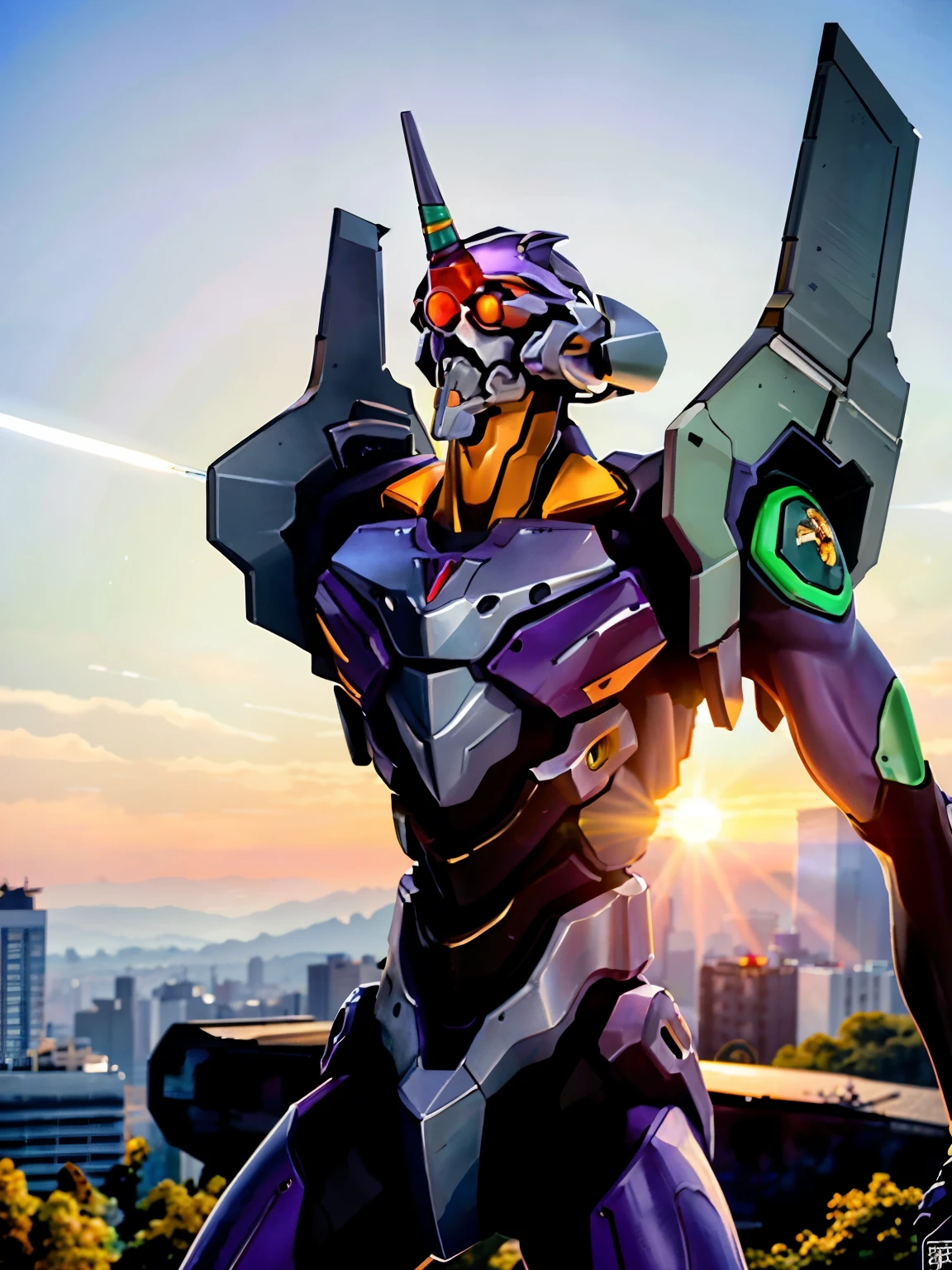 Eva01), (Eva初号機), realistic, Eva, evangelion mecha  realistic, SF,  Staring at the Audience  , ( Official Art, Mejor calidad , Masterpiece: 1.2),  High Definition  , background, 8K HDR,(Extremely biological ),(  has a pro knife  ),( see a beautiful abstract background {x}  smooth body surface like a living thing  ),( A futuristic city with few bullets and beautiful organic stuff ),(  head is the first unit  ),( Organic giant  ),  Full Body Portrait,(Broad shoulders),( musculoskeletal 々),( back arched),( Saturn Stance ),(  can see internal teeth when opening the mouth  ),(  Beautiful Sunset ),( Extremely Wide Shouldered ),(The 200-meter-tall giant ), Unicorn、( body like a bodybuilder )
