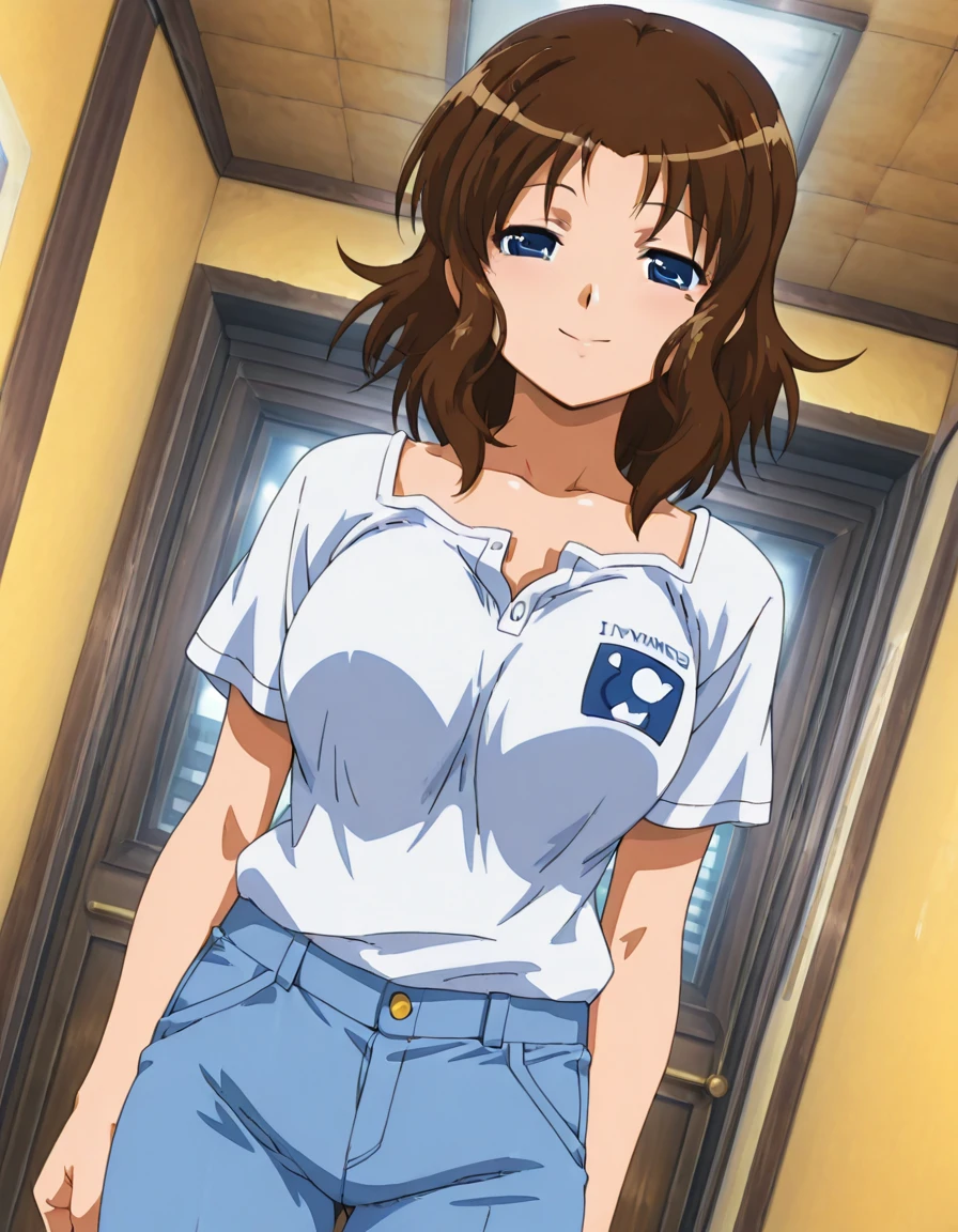 1girl, breasts, looking at viewer, blush, smile, short hair, open mouth, large breasts, brown hair, long sleeves, 1boy, green eyes, ass, :d, hetero, penis, pussy, solo focus, looking back, pants, indoors, spread legs, sex, from behind, vaginal, sweater, pubic hair, uncensored, anus, blurry background, bottomless, pov, straddling, girl on top, sex from behind, male pubic hair, ribbed sweater, clothed sex, reverse cowgirl position, blue sweater