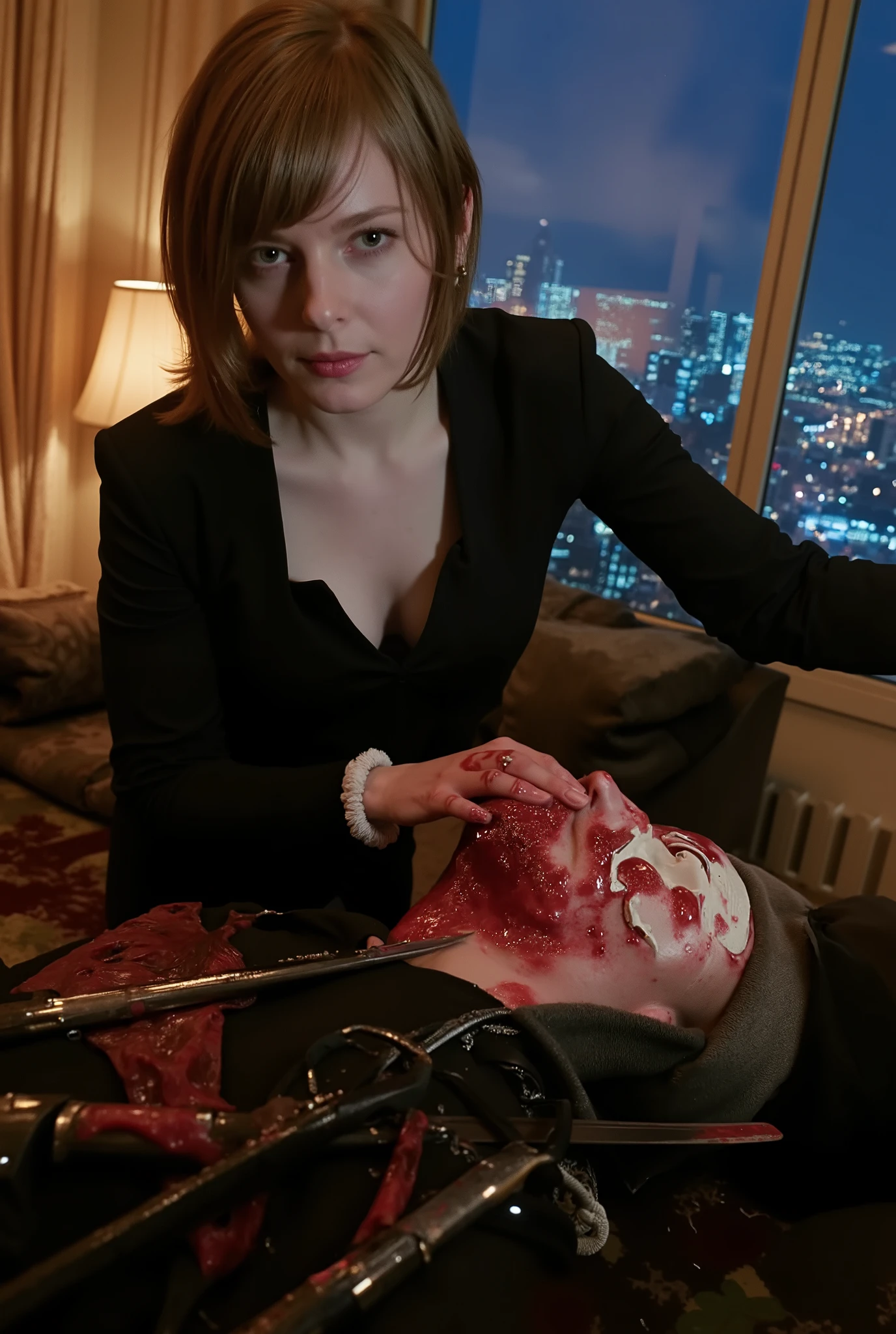 hight quality, Realistic, very cute beautiful girl, male full face mask, male die, male neck slashed, male neck bloody splash, several long knife stuck into male neck, male ninja, deadly girl, Penthouses, male hoodie