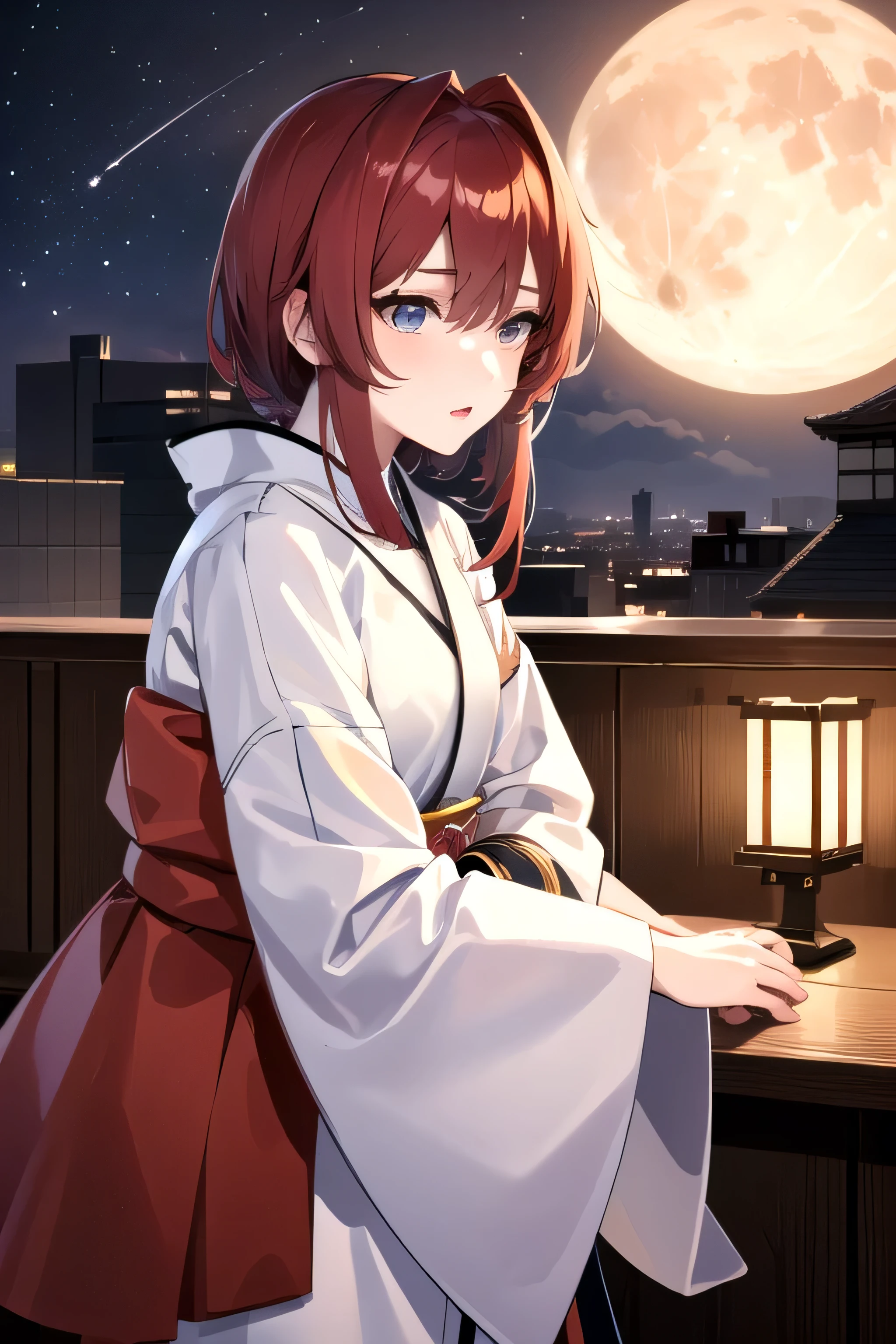 ((最 High Quality )), ((Masterpiece)), ( Details), from the side 1 Girl , 8k resolution, very detailed, High Quality , 1 Girl, beautiful Japanese woman ,18 years old, , Detailed face, one woman, terrace, Moon, beautiful