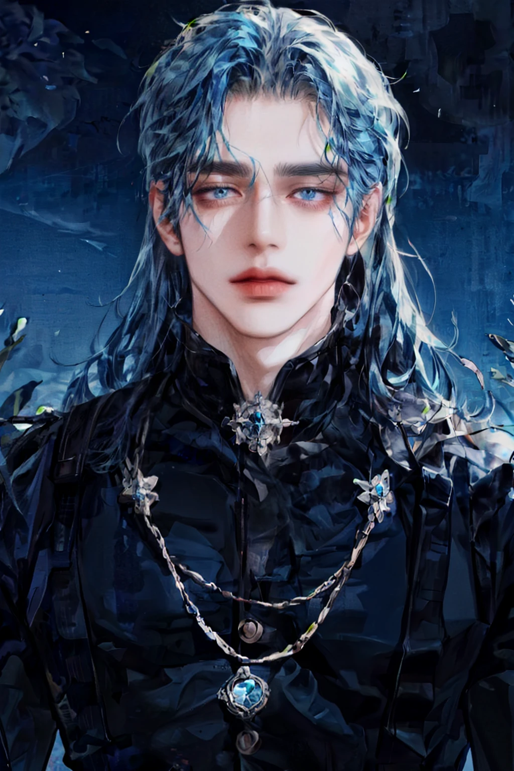 Blue hair, blue eyes, long haired , reddened face, In love