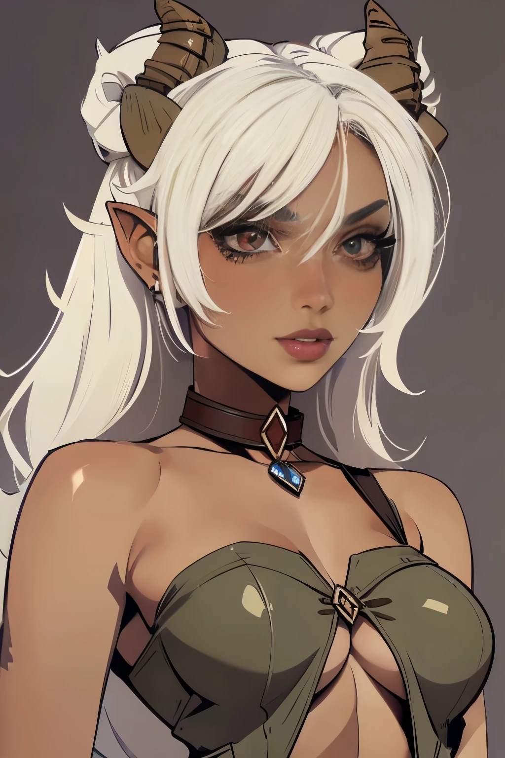 Solo, female, ((symmetrical horns)), ((dark olive skin)), ((small breasts)), (adventurer clothing), ((large slave collar)), (lipstick, eyeliner, eyelashes, mature female), white hair, ((petite body)), ((proper eyes)), ((character sheet)),