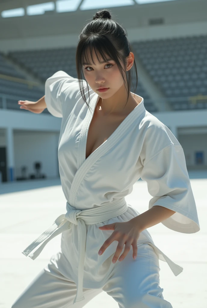 (((Karate clothes)))、fullbody,(karate uniform:1.3),martial arts belt,(fighting stance:1.3),((Ponytail with bangs))、(Female Karateka)、shiny skin、((Turn your face away))、((look sideways))、face is flushed、(Watery eye)、(((Karate Dojo)))、((delicate pictureasterpiece detailed RAW photos:1.25), (highest quality:1.6), (Super high resolution:1.5), (realistic:1.75), 8K resolution, Canon EOS R5, 50mm, absurd, super detailed,cinematic lighting,Sportsbra,cleavage,