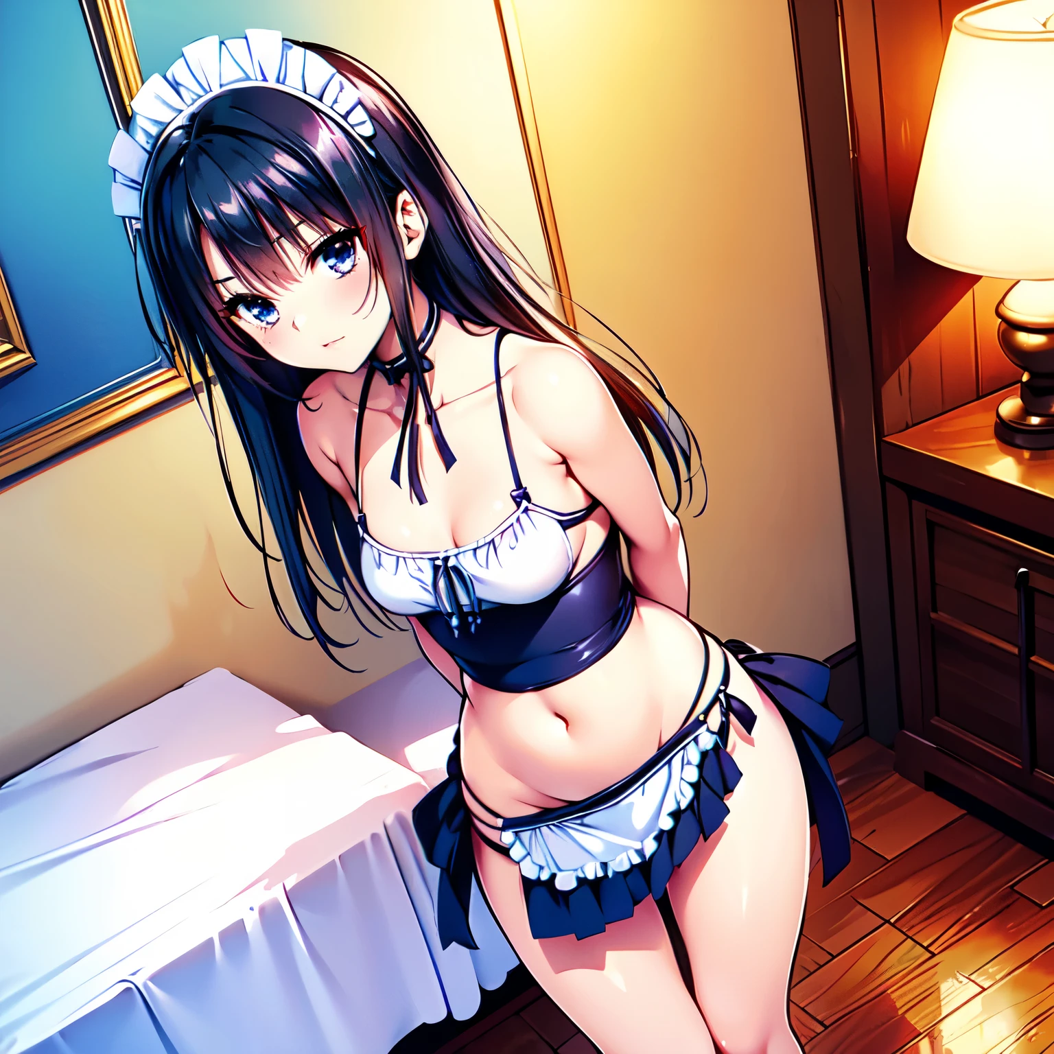 1 girl, hot, sexy, white lingerie, white underwear, white bed, steamy, evening, night time, date, blush, hotel, love hotel, red room