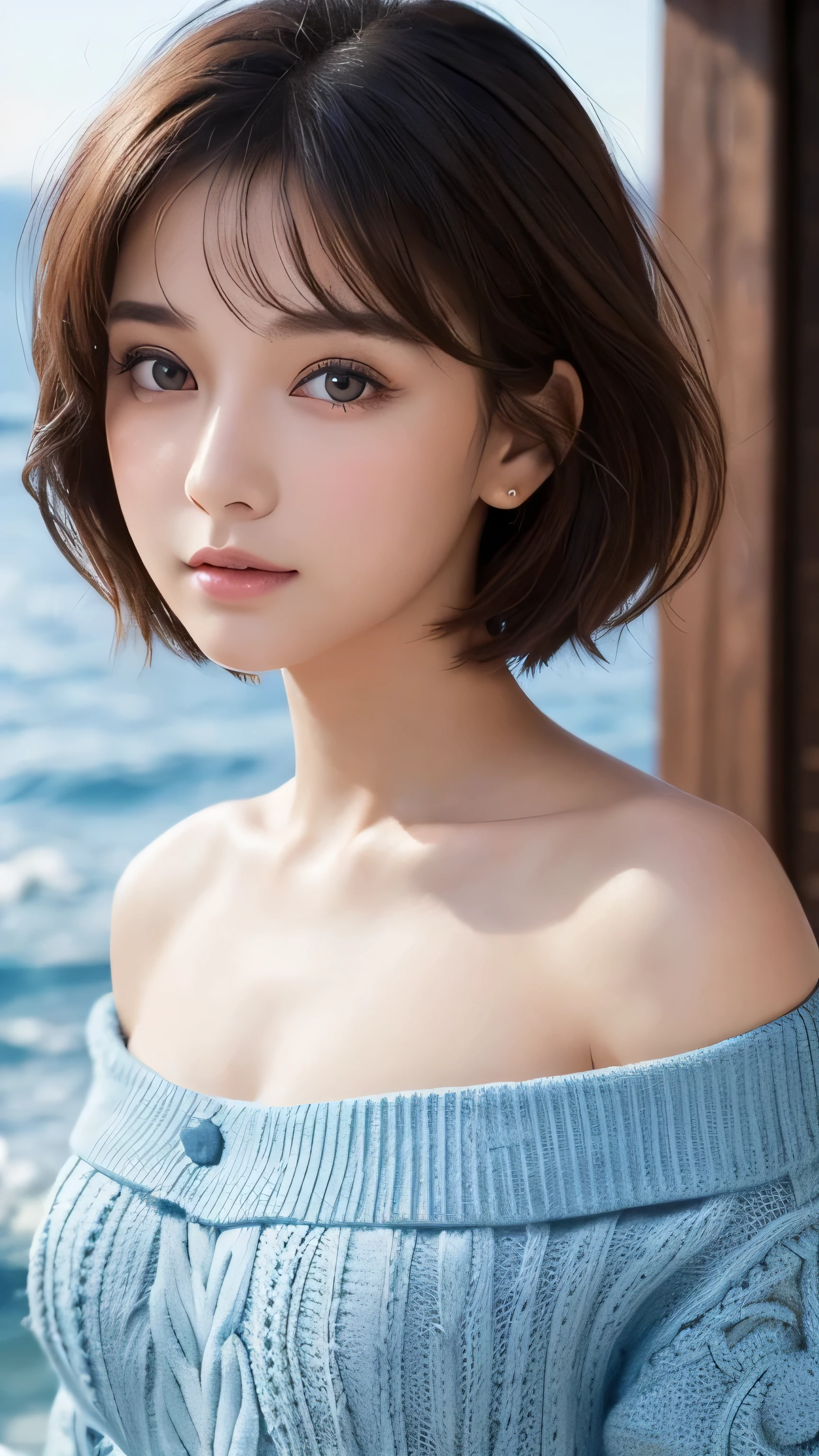 1 girl、highest quality、Realistic、alone、Written boundary depth、Natural soft light、Daytime、charm、Beautiful Face、Cleanliness、Pure Face、White skin、cute、short hair、prohibit、Beach、Light of the sun、Nedium Breast Body Esbian、((セーターを着たBeautiful Faceの黄金比 対称性のあるBeautiful Face))、Long neck、Listen carefully、prohibitのあるきれいな短いボブヘア、Laugh with your mouth closed、Perfect hands指、Perfect hands、Perfect body、Perfect Face、Shine a light into your eyes、Perfect Anatomy:1.4、とてもcuteスーパーモデル:1.4、{Huge|big|Hugeな|Mega} chest:2, chestの谷間:2、transparent、transparent性、Grossoisture、Shine、Cool feeling、Beautiful gradation blue sky:2