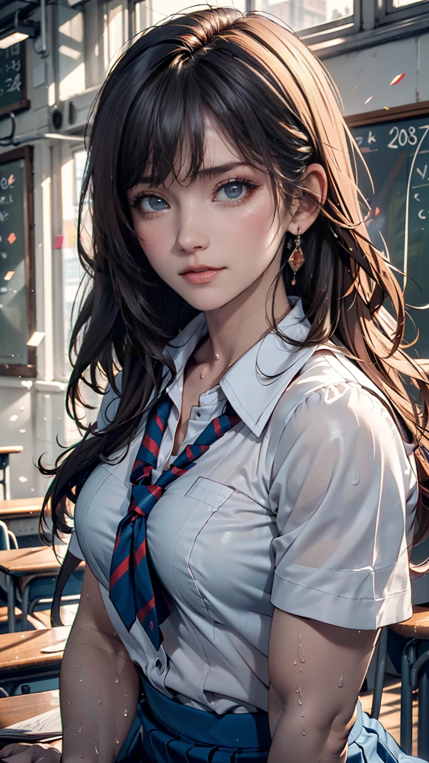 in school uniform，ssmile，perfect body figure，Beautuful Women，Nice face，huge tit，Cocked buttocks，Ruddy cheeks，moisty，‎Classroom，tmasterpiece，Ultra high quality，Exquisite facial features，Elaborate Eyes，pretty eyes，perfect face，nice，realisticlying：1.4，Raised sexy，messy hair，Moist body，Conservative school uniform，Gentle eyes，Put your hands behind you
