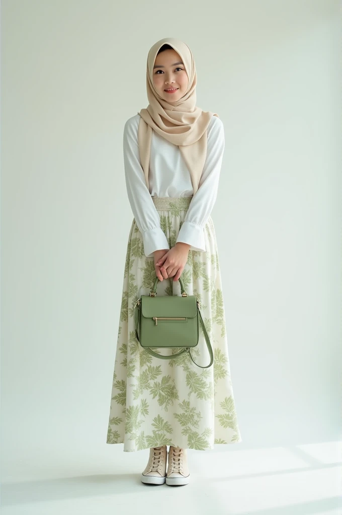 Generate an image of a beautiful asian malaysian hijab girl, wearing a beautiful white blouse, with a white and green floral skirt, the hijab is cream colour, holding a cute green shoulder bag and wearing a pair of high cut black converse.