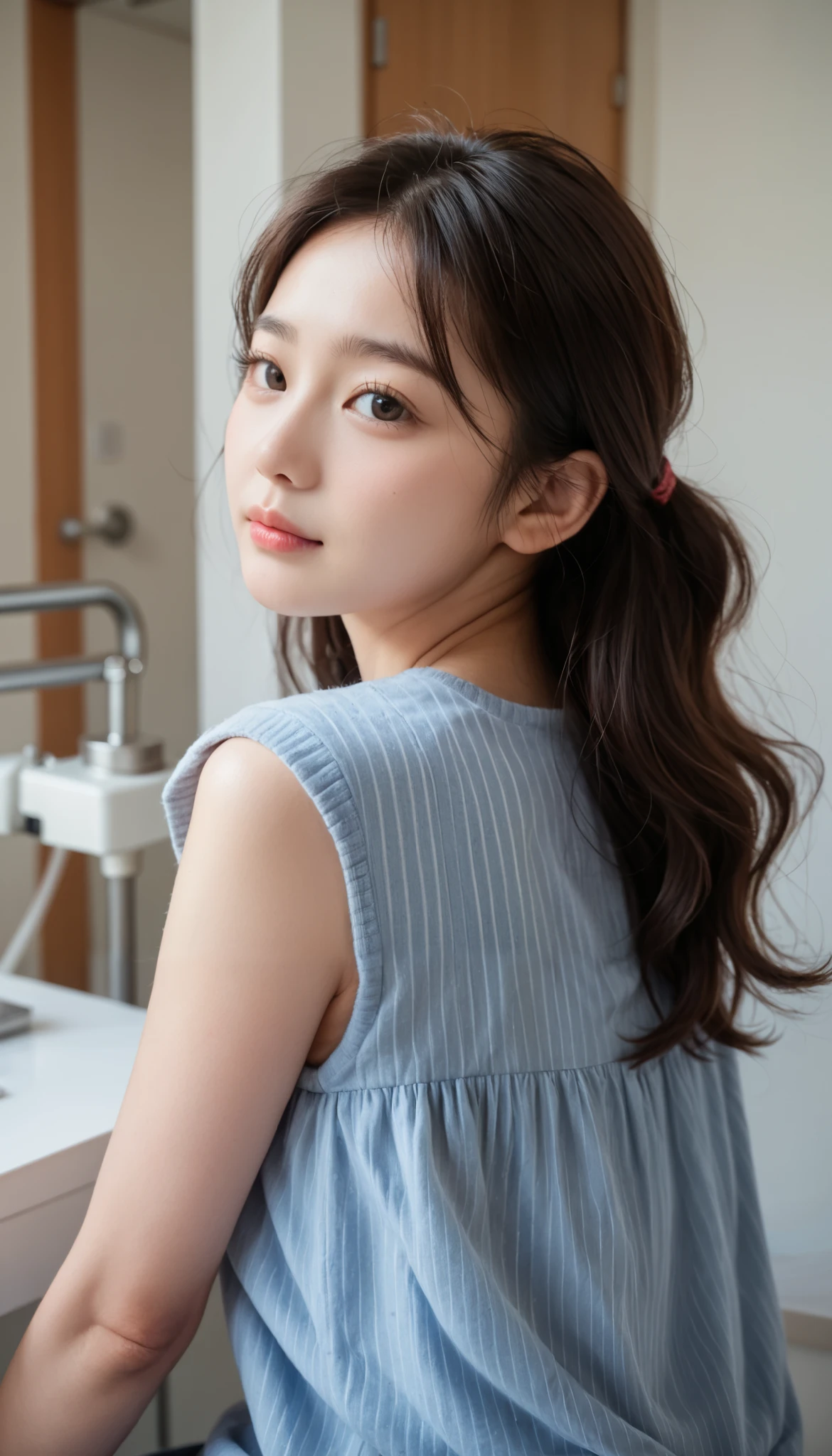 Realistic photo, 20 year old korean beauty korean housewife face female, young looking housewife portrait, back view of woman wearing cute casual casual clothes getting medical treatment in hospital, hospital facilities are visible behind, back upper body shot face female, delicate face and body, natural light, high resolution, realistic photo, (top quality, 8K, high resolution, masterpiece : ), very detailed, (realistic, photo realistic, photo reality: ), slender body realistic skin texture, slightly small eyes and , beautiful and delicate face, long eyelashes, smooth skin, stylish body shape real photo SLR camera UHD quality best, knees visible, underwear not visible.