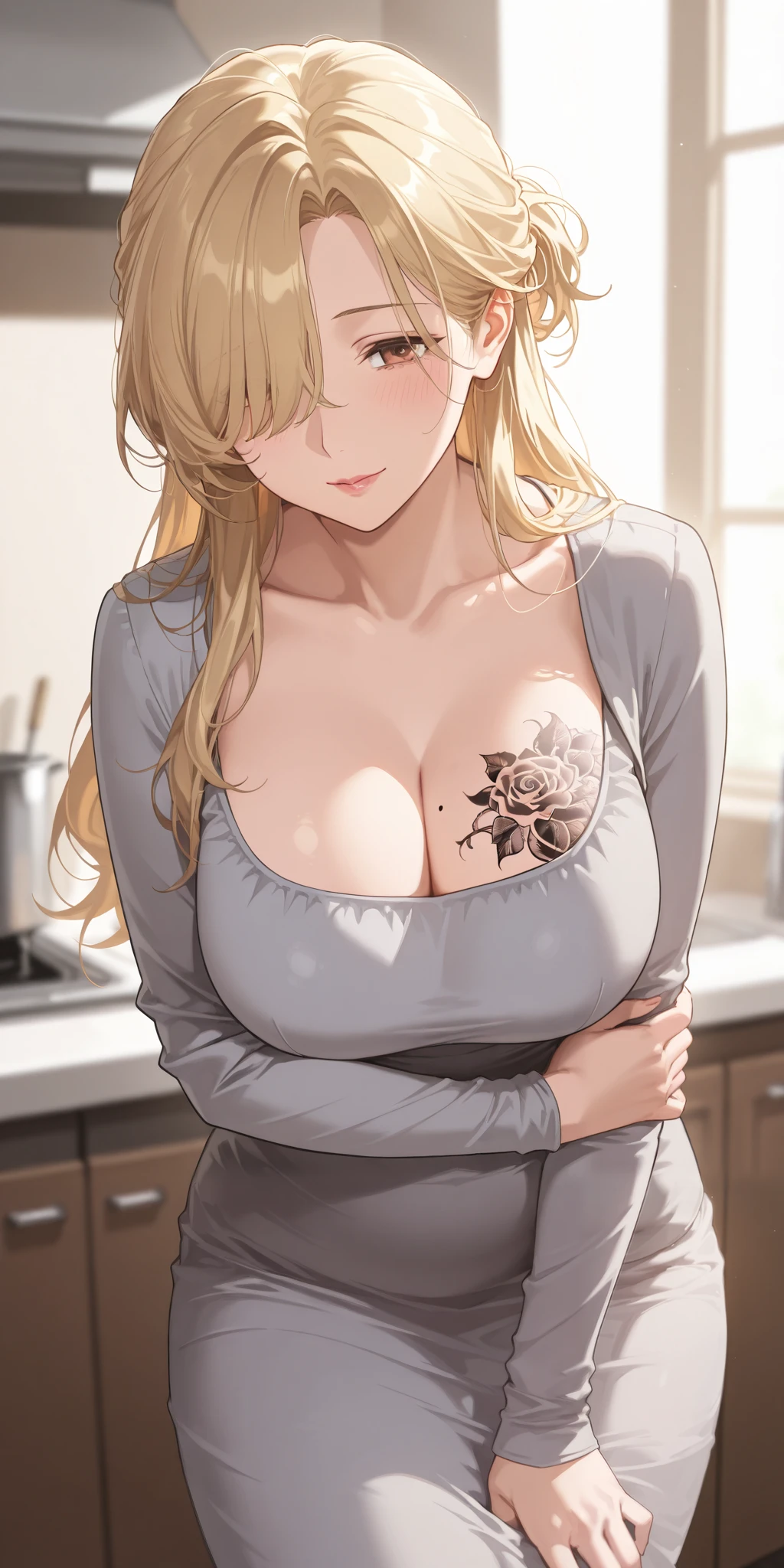 mature female, housewife, Blonde hair, long hair, half-updo, hair over one eyes, outfit sk996, grey dress, long sleeves, breast tattoo, milf, cleavage, soft light, high detailed, best quality