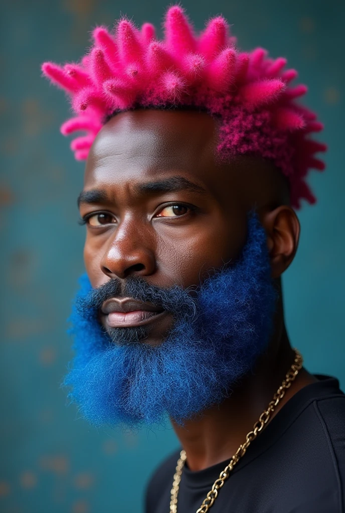 a huge muscular naked bearded black man with a tiny waist, bodybuilder wearing a blue thong, with an outrageous blue mohican haircut, standing side view, at a 90 degree angle to the viewer, with hands clasped behind his back, head turned towards the viewer, full body image, seen from a low angle