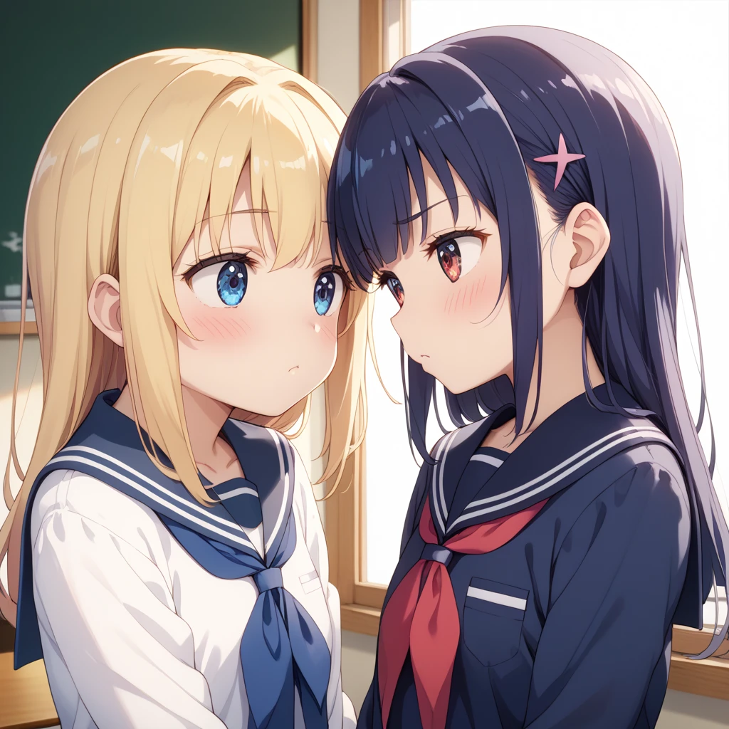 (high quality, 8K, 4K, High Contrast, masterpiece:1.2, 最high quality, Best aesthetics), 2 girls, Blonde hair and lilac eyes, Brown hair and brown eyes, Blushing, Embarrassment, Sailor suit, mini skirt, French kiss, Kiss on the mouth, Tongue kiss, Intimate, Browsing Caution, saliva, bedに腰かけて, Blushed, close your eyes, night, Dim lighting, bed, Silk sheets, cushion, Be alone in your room...