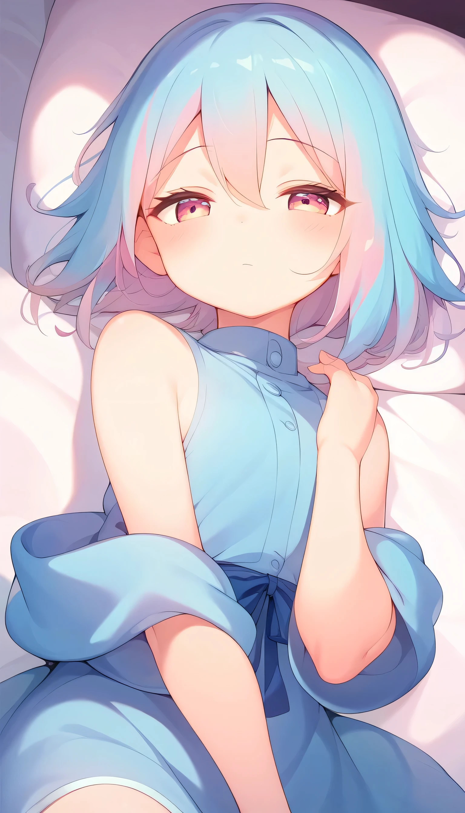  best quality 、 HD、8k、 1 girl、Peach-colored hair、 little chest、 dark blue jerseys 、 face down 、Turn your face towards me、Cheek resting on hand、 on the bed、