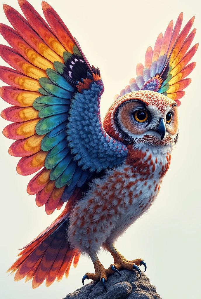there is a drawing of owl under guard with colorful wings, かわいい owl under guard, Extremely detailed and colorful, 輝く owl under guard, high definition illustration, 胸にメン owl under guardのシンボル, DIGITAL PAINT HIGH DEFINITION , owl under guard, ハイパーリアルなロボット owl under guard, 輝く owl under guard, full color デジタルイラスト , full color , With wings. Ultra Details , すべての owl under guardの中で最も賢い