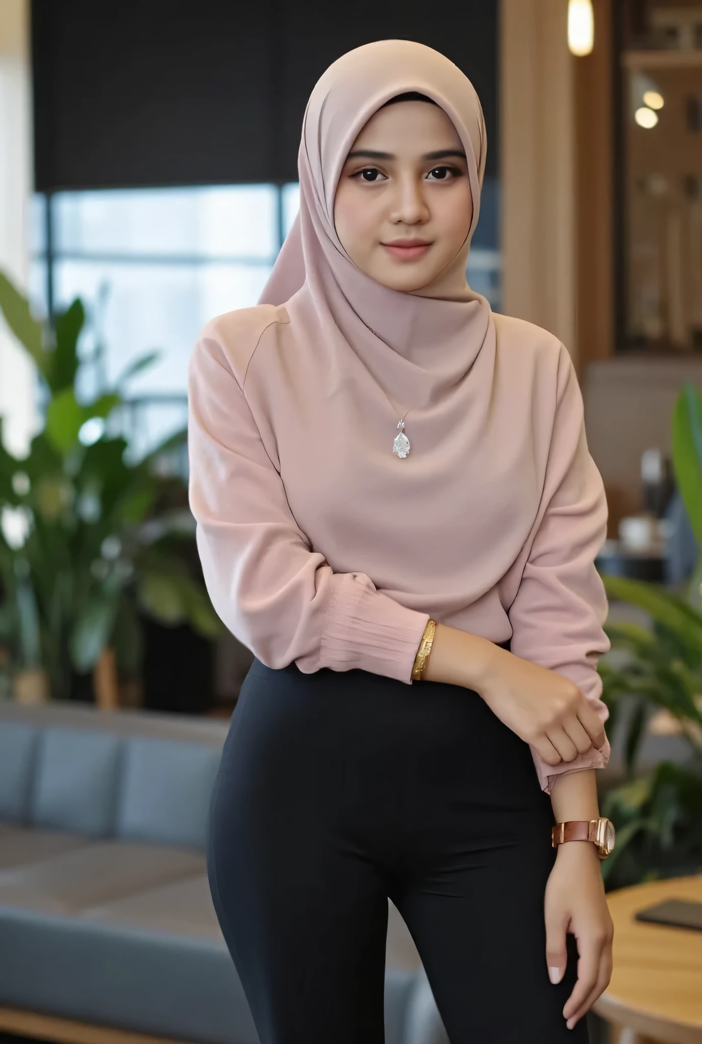 (Masterpiece: 1.2, Best Quality), Realistic, (Realistic Picture, Complex Details, Depth of Field), Best Quality, Masterpiece, Highly Detailed, Realistic, 1 mature, indonesian Mature woman, 30 Years Old, wearing hijab muslimah, chest forward, big breasts, thin lips, full body photo view, looking at the camera, diamond necklace, earrings, apple watch, gold bracelet, naughty smile, mature wife, wearing Leggings with Long Sleeves T-Shirt, look at viewer, thin naughty smile, gym background, curvy body