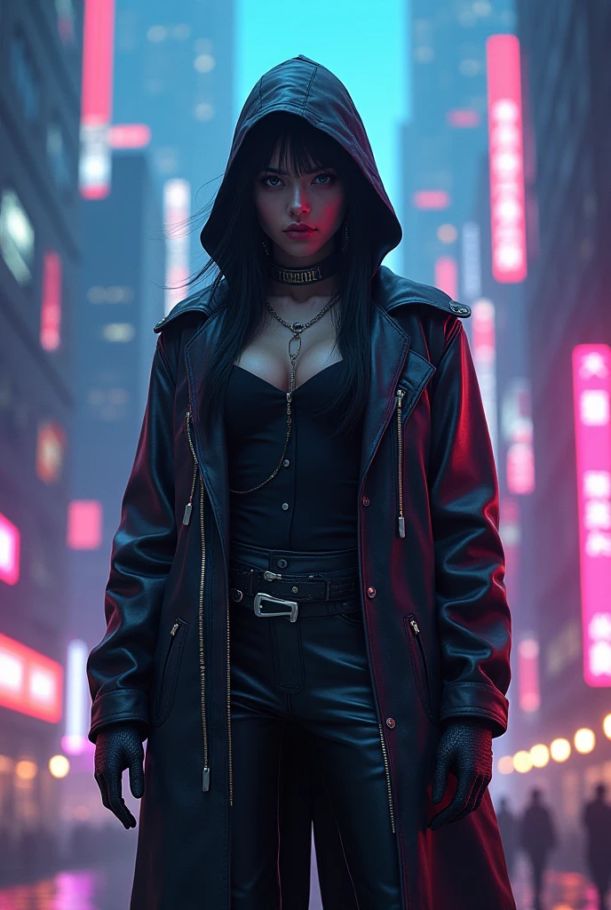 Furry wolf, female,mafia boss, seductive, menacing,black sweater,black leather pants, pendant,black leather jacket,hat,heels, gloves,soft tail,grey fur,furry body,crimson eyes, cigarette,night city