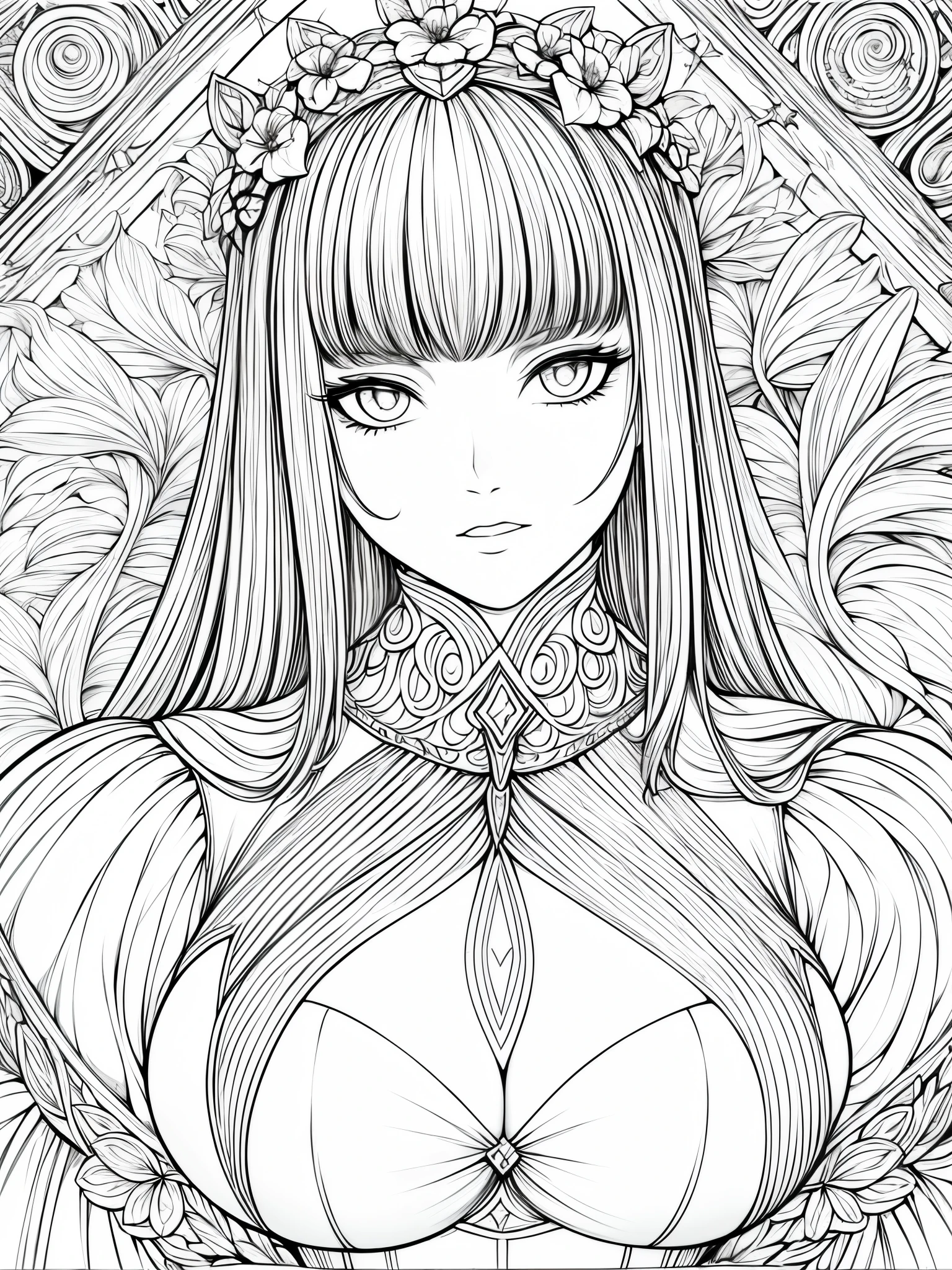 coloring drawing, line drawing , black and white, girl wearing medieval European princess clothes full of jewels and holding flowers, torso portrait , Mucha style , three-quarter portrait.