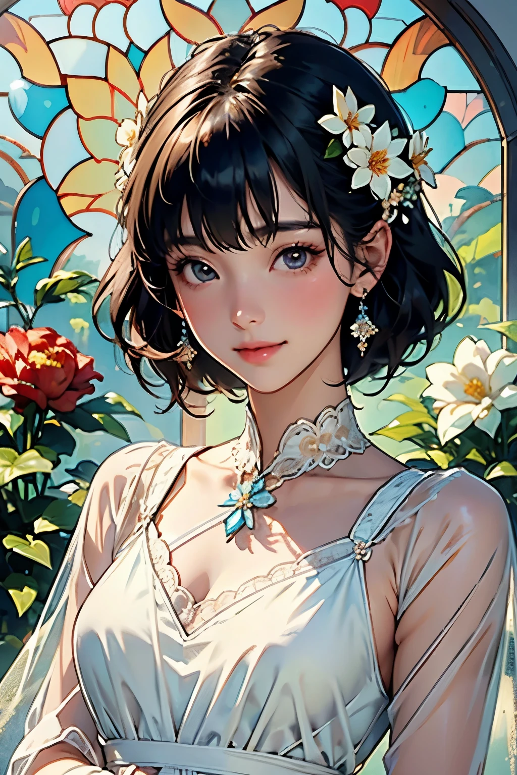  very beautiful older sister , (Many flowers々Surrounded by)、 gentle smile 、Soft sunlight、 clean skin、 growing skin,  bright , A refreshing and gentle impression,   Perfect Beautiful Face  、 beautiful shiny bangs,  small breasts， lace dress， see-through， Clear Beautiful Stained Glass Backgrounds, 