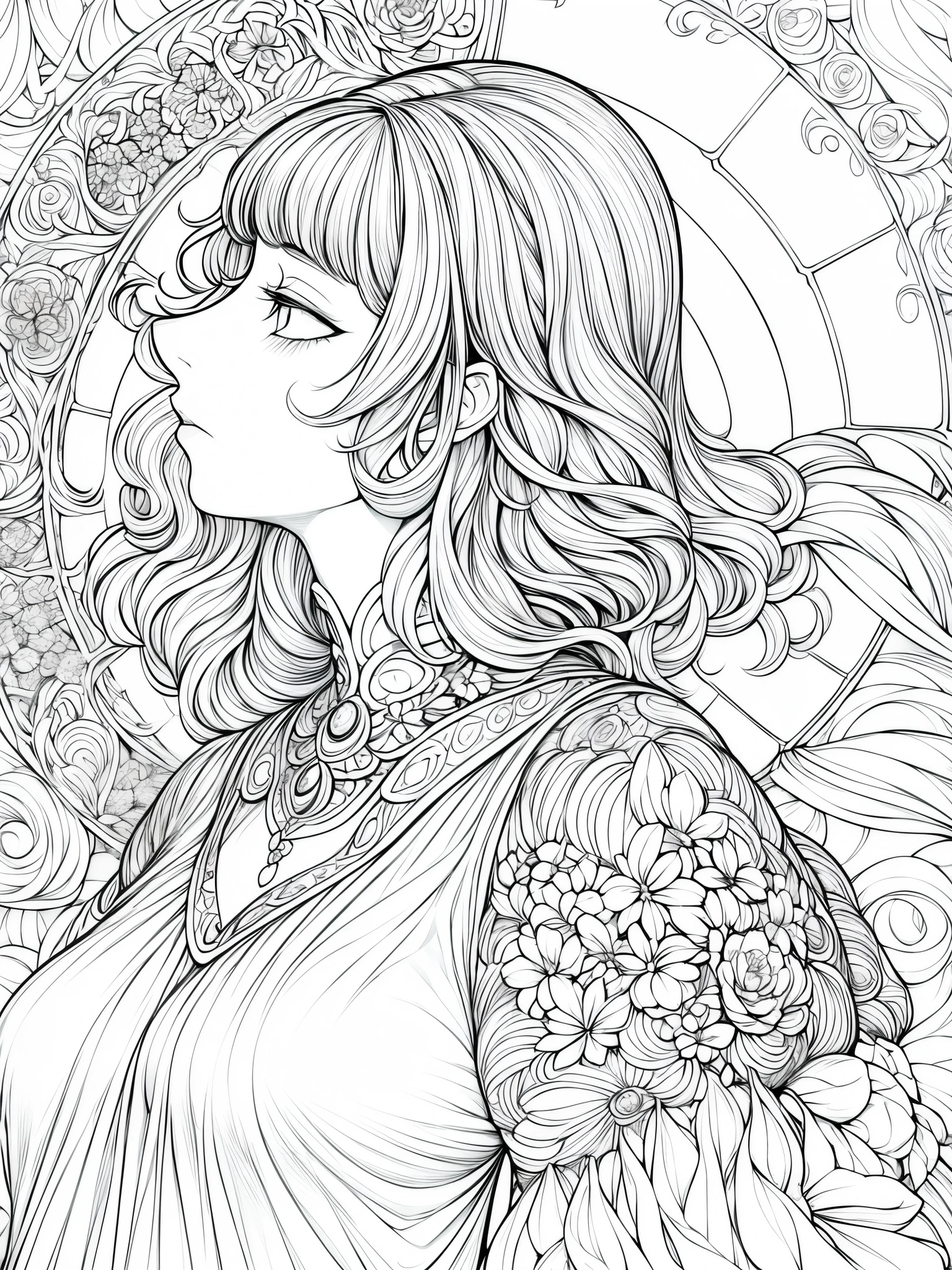 coloring drawing, line drawing , black and white, girl wearing medieval European princess clothes full of jewels and holding flowers, torso portrait , Mucha style , profile portrait.
