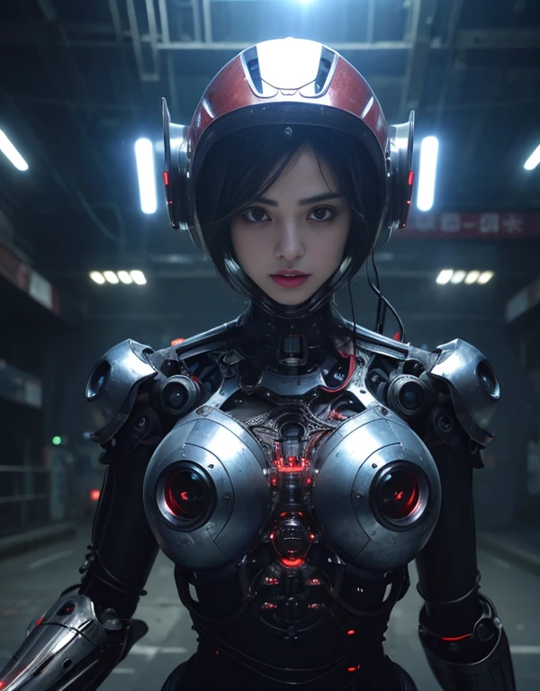 Top Quality, Masterpiece, Ultra High Resolution, (Photorealistic: 1.4), Raw Photo, 1 Girl, Black Hair, Glossy Skin, 1 Mechanical Girl, (Ultra Realistic Detail)), Portrait, Global Illumination, Shadows, Octane Rendering, 8K, Ultra Sharp, Big, Cleavage Exposed Raw Skin, Metal, Intricate Ornament Details, Japan Details, Very intricate details, realistic light, CGSoation trend, purple eyes, glowing eyes, facing the camera, neon details, mechanical limbs, blood vessels connected to the tube, mechanical vertebrae attached to the back, mechanical cervical attachment to the neck, sitting, wires and cables connecting to the head, gundam, small LED lamps,