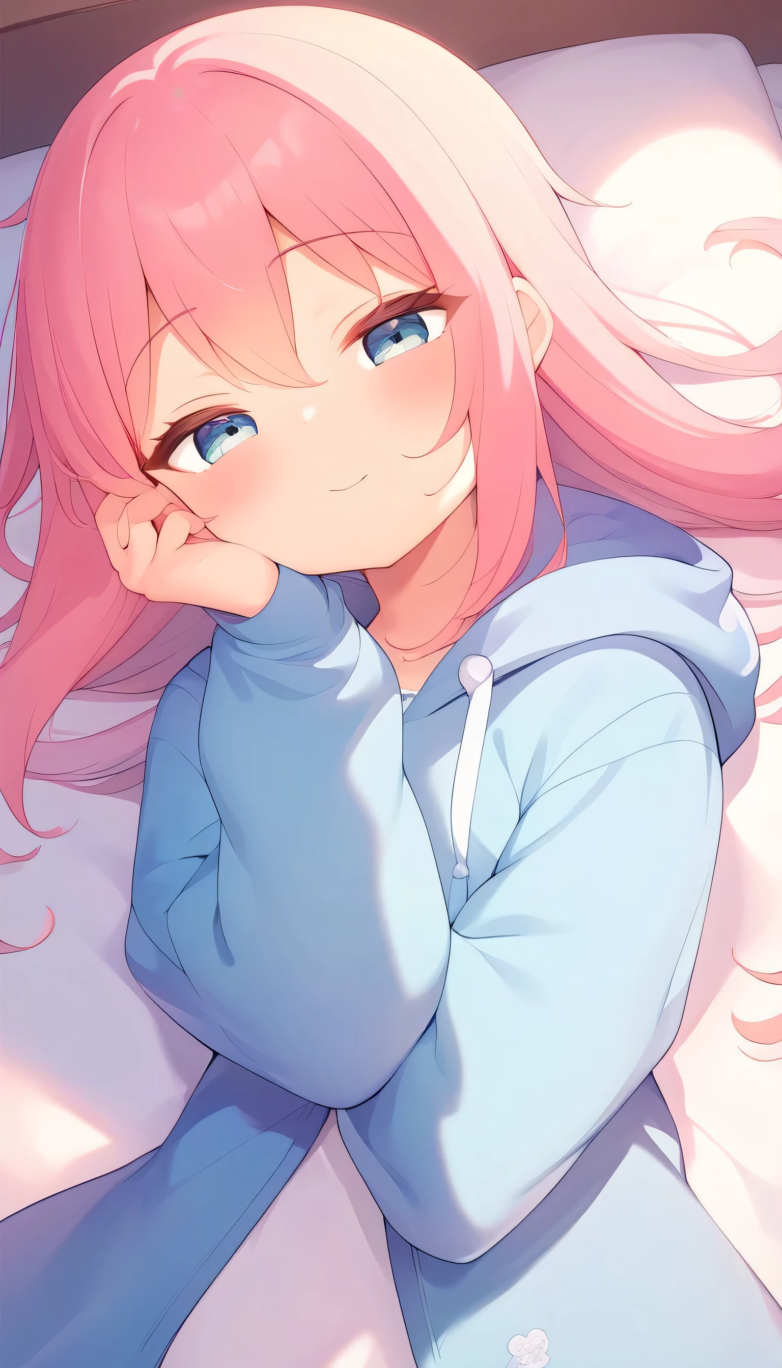  best quality 、 HD、8k、 1 girl、Peach-colored hair、 little chest、 dark blue jerseys 、 face down 、Turn your face towards me、Cheek resting on hand、 on the bed、 ecstatic face