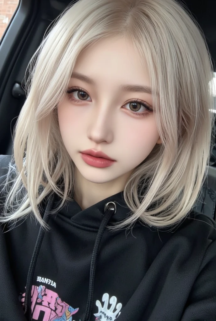  highest image quality、 live shooting in heavy rain 、ultra-high resolution、21 years old Korean、Small 、 dynamic angle、 cowboy shooting、The most beautiful form of chaos、Elegant、Brutalist design、 bright colors 、Beautiful white hair、Shortwave Wave 、 Smile、 Smile、 white and smooth skin、Beautiful eyes with random colors、 beautiful eyes in every detail、long eyes 、Thin lips、[ pale pink blush 、Long eyelashes、 beautiful double eyelids 、Eyeshadow、 bright room 、Big hoodie 、Hot Pants、 to shoot from an angle 、  pose 