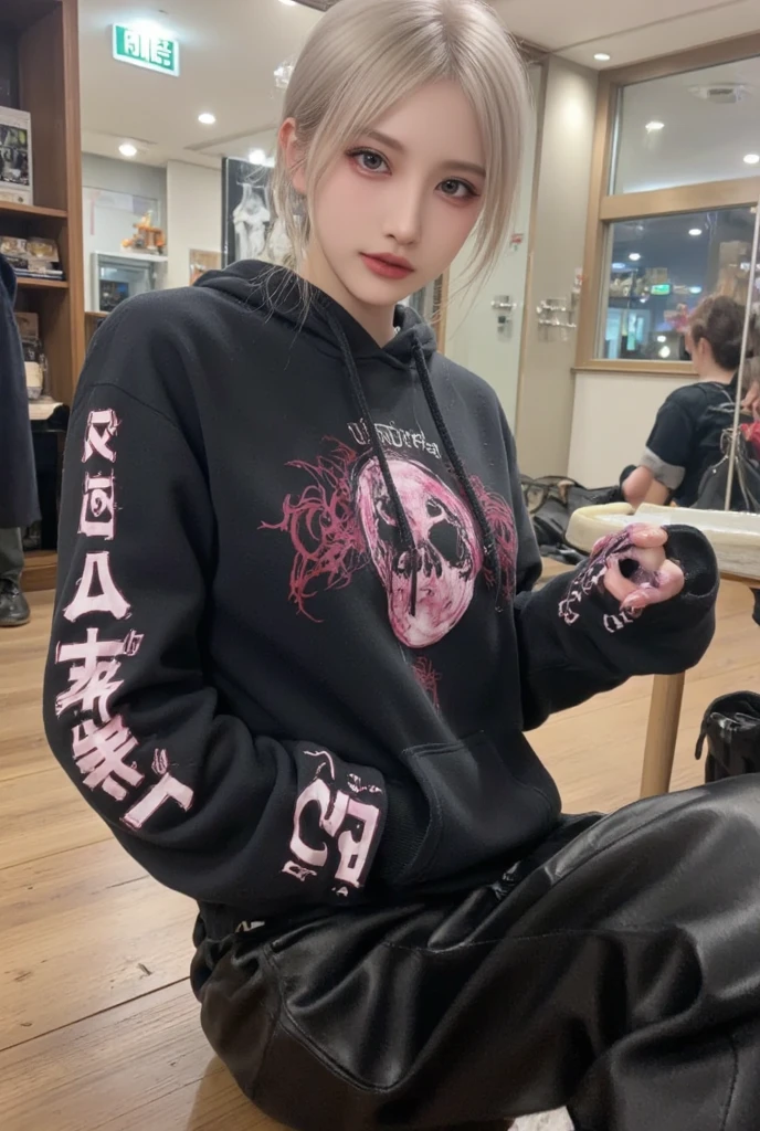  highest image quality、 live shooting in heavy rain 、ultra-high resolution、21 years old Korean、Small 、 dynamic angle、 cowboy shooting、The most beautiful form of chaos、Elegant、Brutalist design、 bright colors 、Beautiful white hair、Shortwave Wave 、 Smile、 Smile、 white and smooth skin、Beautiful eyes with random colors、 beautiful eyes in every detail、long eyes 、Thin lips、[ pale pink blush 、Long eyelashes、 beautiful double eyelids 、Eyeshadow、 bright room 、Big hoodie 、Hot Pants、 to shoot from an angle 、  pose 