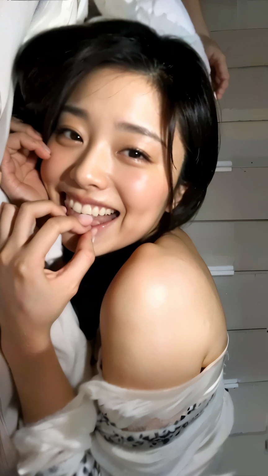 (( Extremely Accurate Anatomy:1.0)), (photo realistic:1.4), (hyper realistic:1.4), (最高品質の realisticな肌の質感:1.4), (Improved quality:1.4), ( Enhance the Beauty of Skin Textures :1.1), Clean, glowing skin, mesh, thin:1.2, ( realistic:1.3), realisticなライティング, ( Smoother Lighting :1.05), ( improves film lighting quality:0.9), Backlight, Gentle light for the face , ray tracing, ( bright light:1.2), 32K, One Japanese Woman, fine grain, detailed face, ( film grain:1.1),( accentuate body line:1.1), high resolution, Natural Look , kind eyes , Improves hair quality, Delicate Shading , Transparent muscles, Graceful posture, beautiful eyes, sharp details , soft light reflection, beautiful outline, Delicate Skin Color , Thin hair , cute 30-year-old Japanese woman ,A woman wearing a silk gown is lying face down on a white bed with her hands on her mouth,White pillow.Brown blanket.bedroom closet,