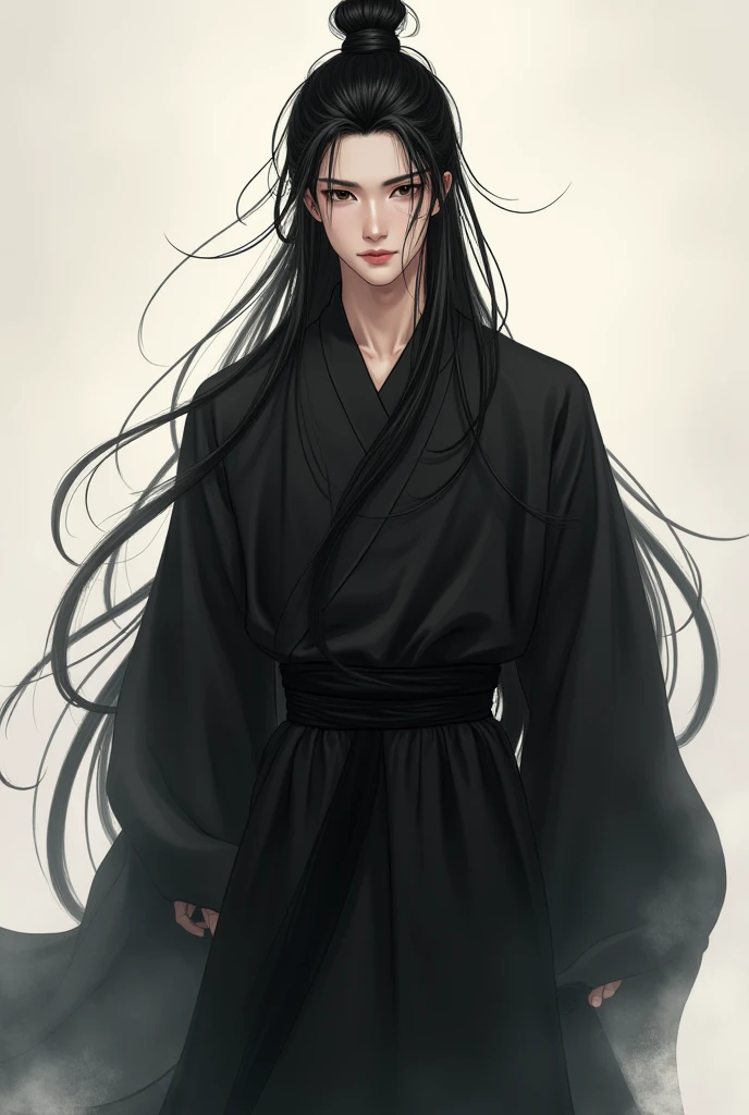 I want to draw a handsome young man with long black hair up to his waist and deep black eyes with a loose black Chinese dress