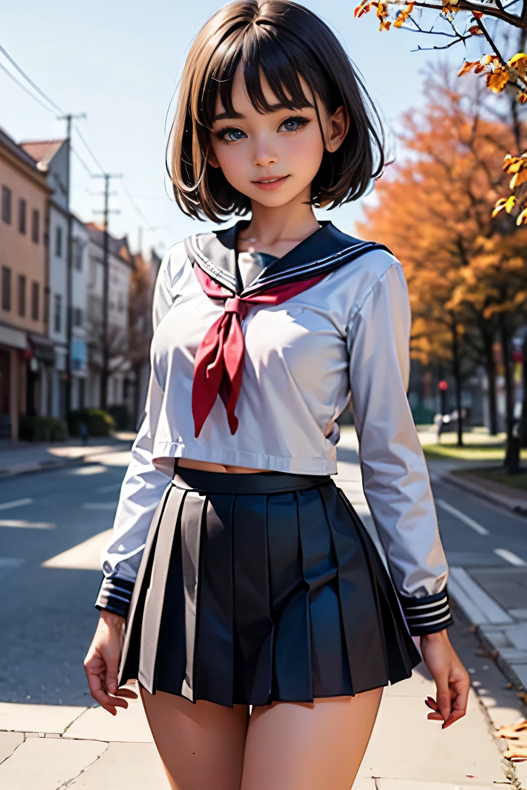 Hires, 1girl, 18yo, (adult body), (adult body ratio), cute school girl, Japanese uniform, (standing), (wind blowing skirt), wearing Japanese, surreal high school girl, looking down, looking at the viewer, shot from below, (cameltoe), (white underwear), (blushed face), (detailed skin)