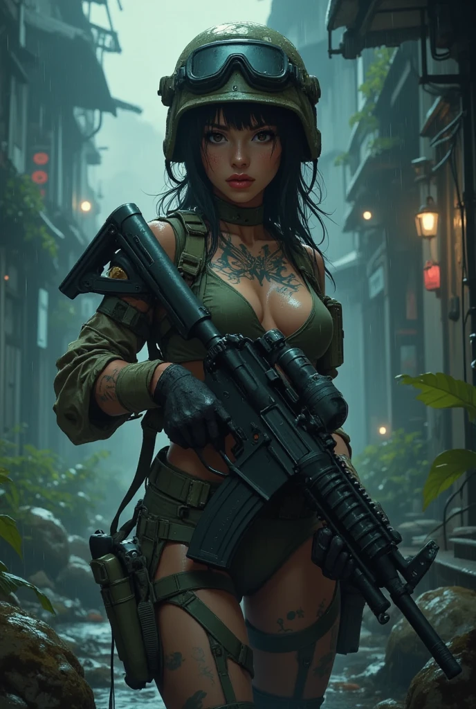 Heavy metal Militar girl with bazooka, post-apocalyptic city, insanely detailed real shiny skin, masterpiece body quality, real color, erotic and sensual, d cup, big chest, sunglasses, 8k resolution🔥, Miki Asai Macro photography, close-up, hyper detailed, trending on artstation, sharp focus, studio photo, intricate details, highly detailed, cinematic by zack snider