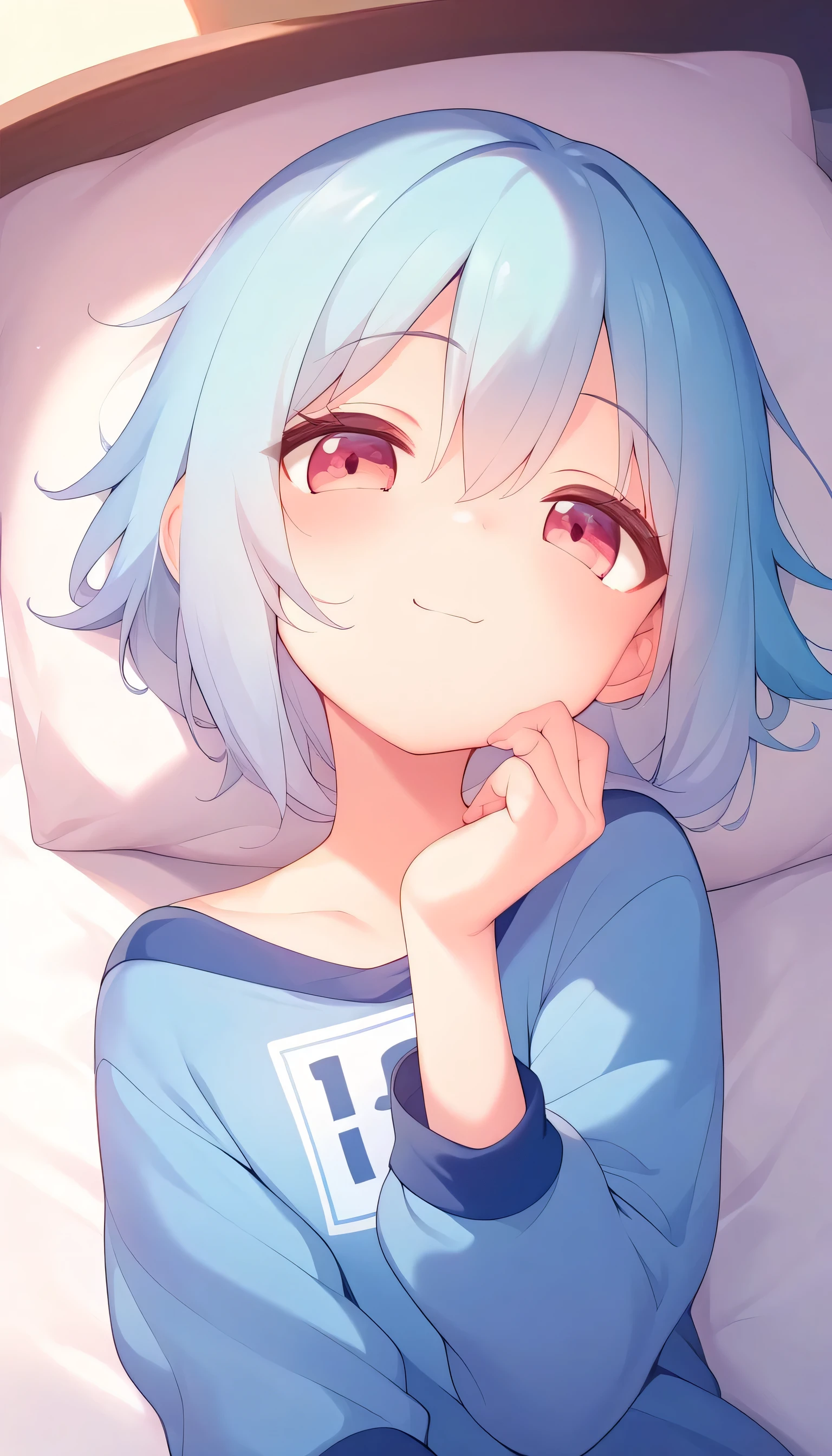  best quality 、 HD、8k、 1 girl、Peach-colored hair、 little chest、 dark blue jerseys 、 face down 、Turn your face towards me、Cheek resting on hand、 on the bed、 ecstatic face